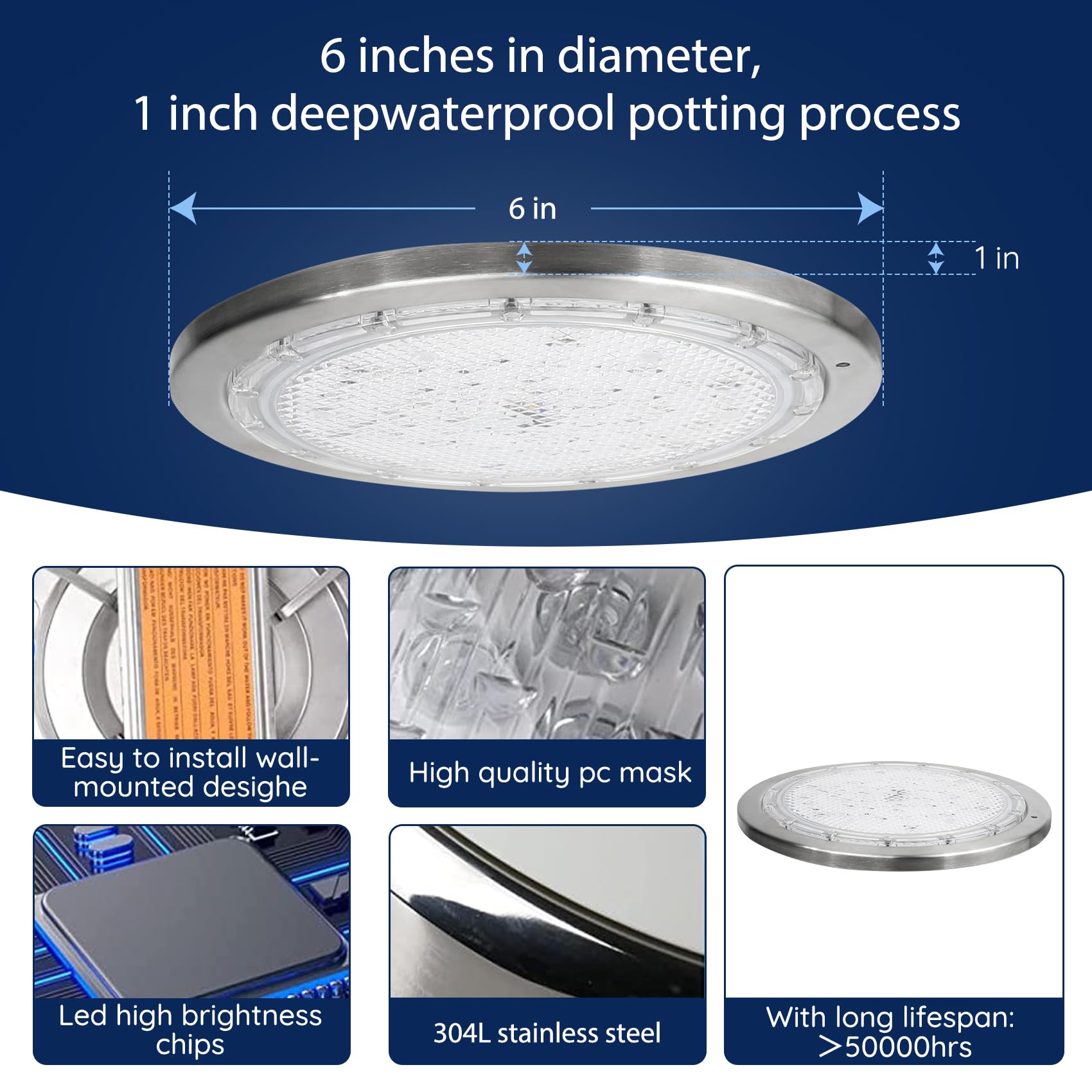 6 Inch 100FT Underwater LED Pool Spa Lights for Inground Pools - Wet Niche Compatible, AC 120V Waterproof Swimming Pool Lighting - Perfect for Backyard, Garden & Resort Pools at Night