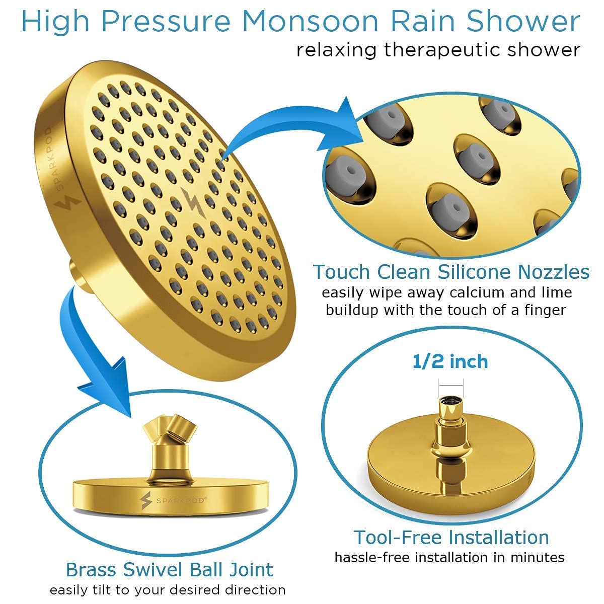 SparkPod Luxury Gold Rain Shower Head with Adjustable Shower Arm Extension - High Pressure Bathroom Fixture for Spa-Like Experience | Perfect for Master Bath & Modern Home Renovation
