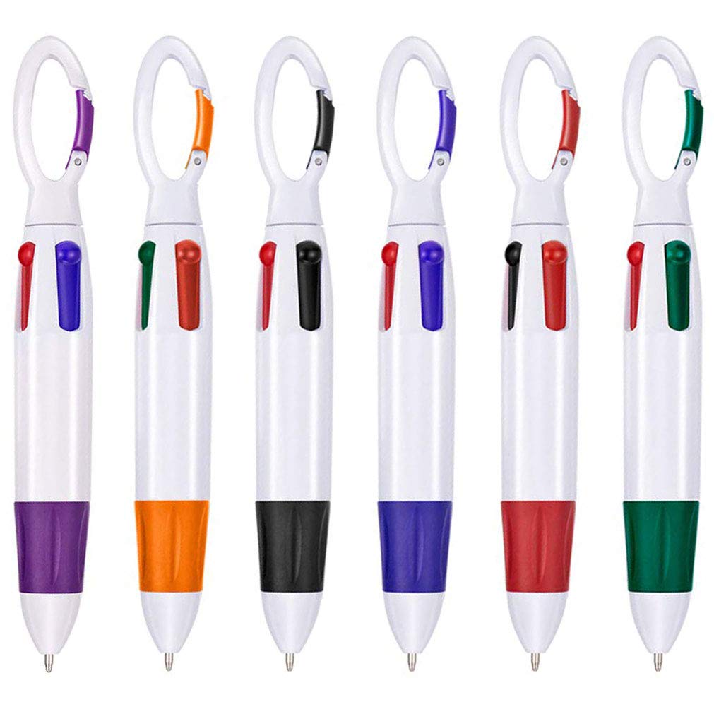 6-Pack Retractable Multi-Color Ballpoint Pens with Carabiner Keychain - 4 Neon Colors in 1 Pen, Top Buckle Clip - Perfect for Office, School, Students & Gifts - Great for Note-Taking, Journaling & Key Organization (6 Pieces)