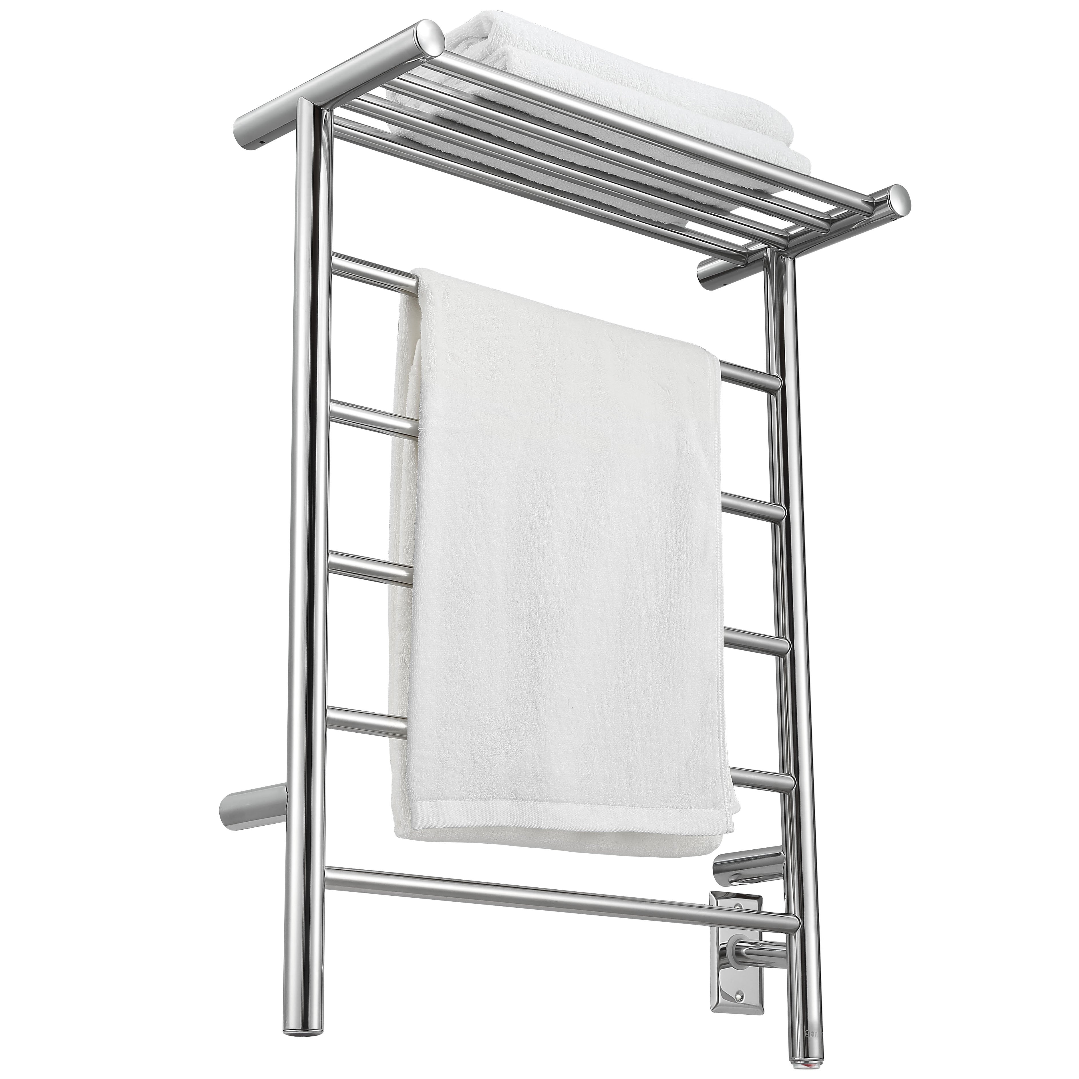 Miazzo 5 Bar Electric Wall Mounted Towel Warmer with Shelf - Plug In or Hardwire Installation - Polished Stainless Steel - Perfect for Bathrooms, Spas & Luxury Homes