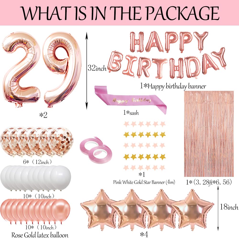 29th Birthday Decorations Set - Rose Gold Happy Birthday Banner, Sash & Number 29 Balloons with Confetti | Perfect for Women's 29th Birthday Party Decor | Ideal for Home, Office & Celebration Decorations