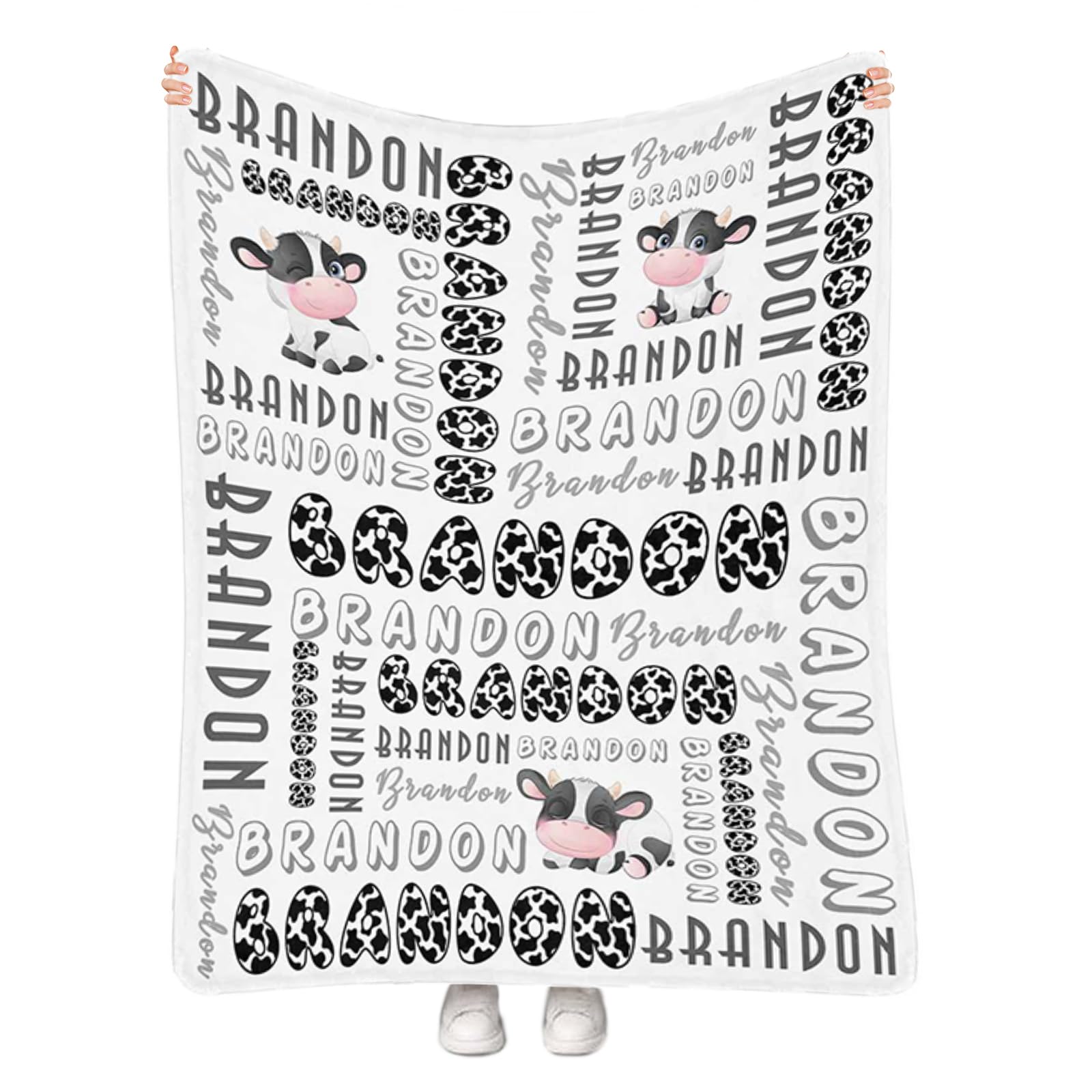 Personalized Cow Print Fleece Blanket with Name - Custom Baby Blanket for Girls & Boys, 40