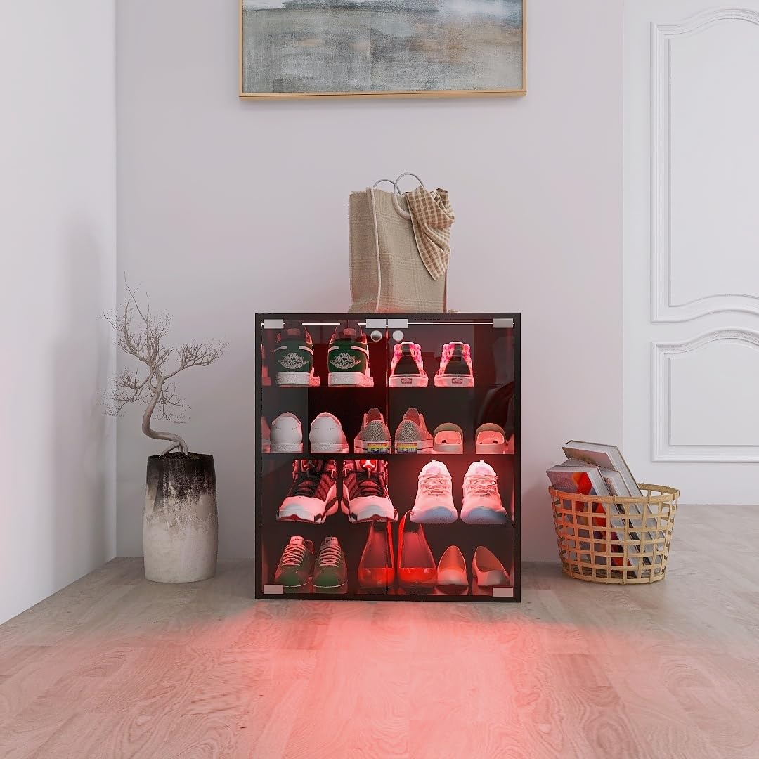 4 Layer LED Shoe Storage Cabinet with Glass Doors - Remote Control Wooden Shoe Display Case for Sneaker Collection & Organization - Perfect for Bedroom Closet, Walk-in Closet, and Shoe Store Display