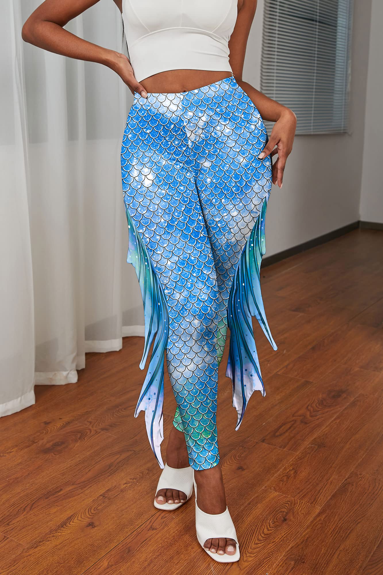 Mermaid Scale Leggings for Women - High Waisted Fish Scale Yoga Pants, Full Length Shimmery Dance Tights - Perfect for Halloween Costume, Cosplay, Yoga & Dance Parties