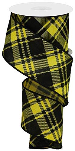 Diagonal Stripe Check Wired Edge Ribbon - 10 Yards Bulk Spool (Yellow & Black, 2.5 Inch Width) for Gift Wrapping, Bow Making, and DIY Crafts