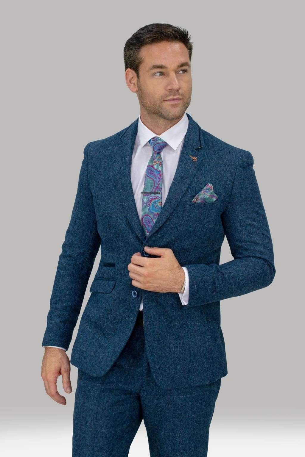 Cavani Carnegi 3-Piece Blue Check Tweed Suit for Men | Classic Wool Blend Business Formal Attire | Perfect for Weddings, Office & Special Occasions