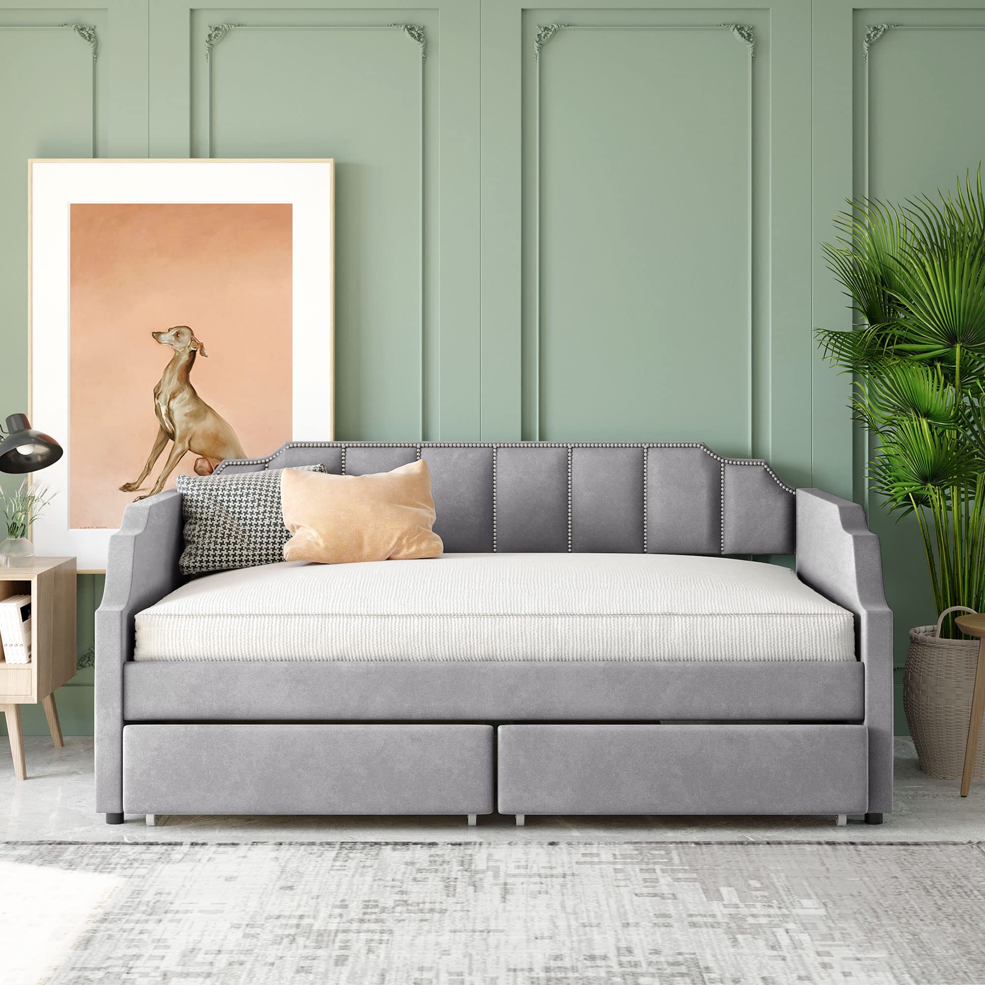Twin Size Upholstered Daybed with 2 Storage Drawers - Convertible Sofa Bed for Kids, Teens & Adults - Wood Slat Support - Gray Modern Furniture (79.1