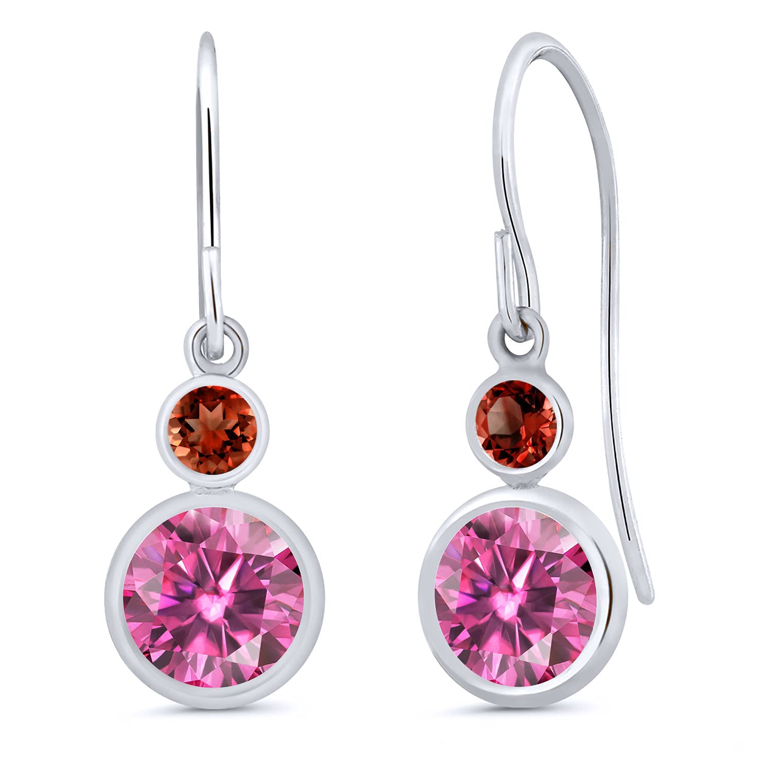 14K White Gold Pink Moissanite & Red Garnet Dangle Earrings (1.90 CTTW) – Elegant Round Gemstone Jewelry for Women, Perfect for Weddings, Parties & Special Occasions