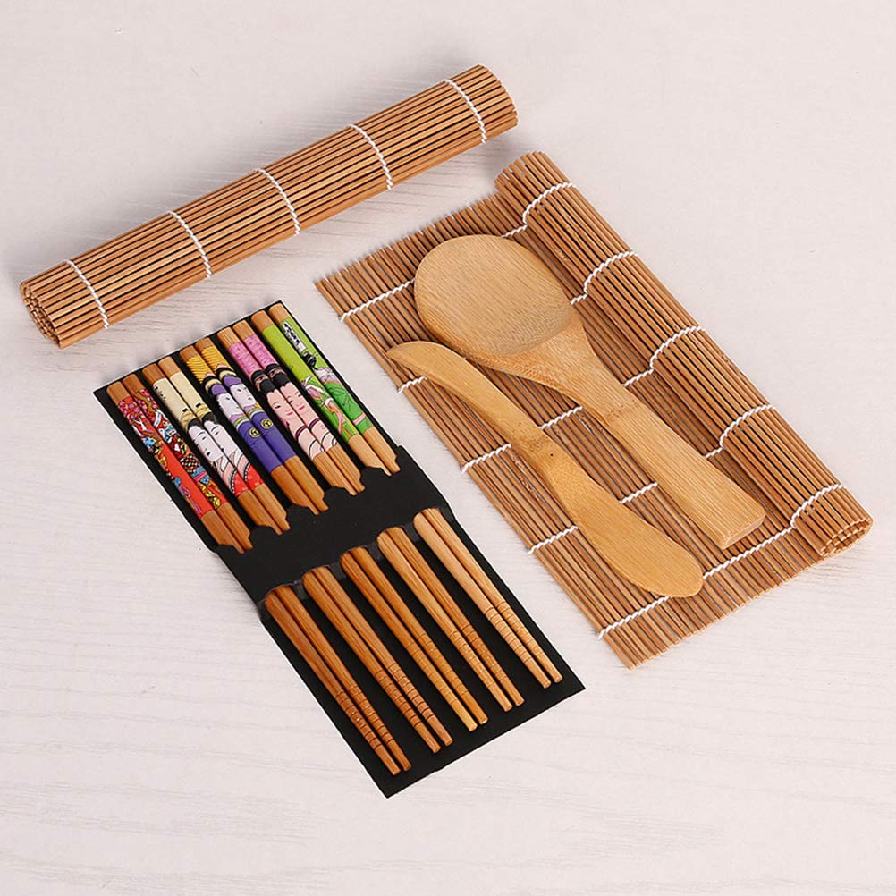 Complete Sushi Making Kit for Beginners - 2 Bamboo Sushi Mats, 5 Chopsticks, Paddle & Spreader | DIY Sushi Roller Tool Set | Perfect for Home Cooking, Parties & Japanese Cuisine Lovers