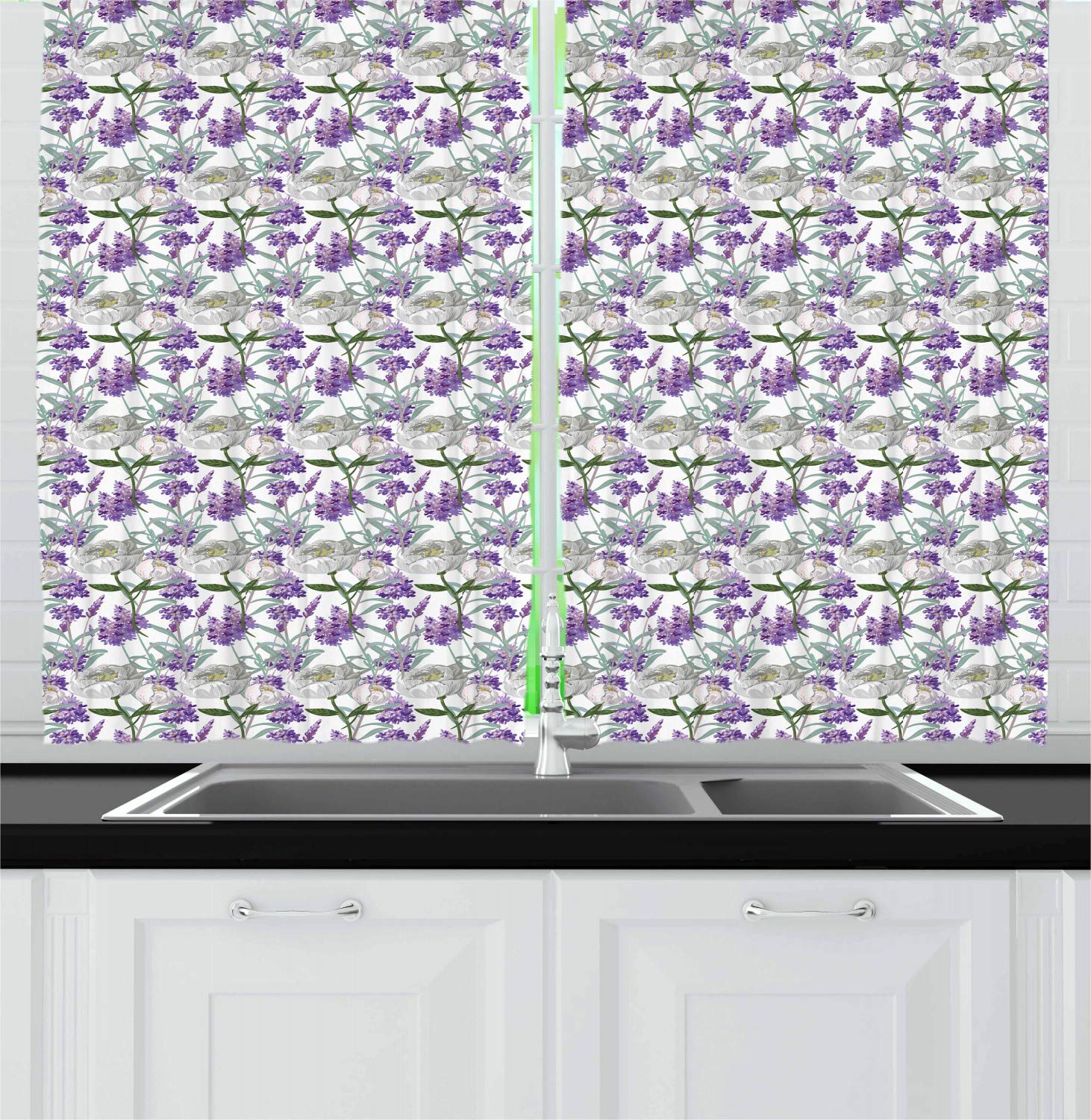 Ambesonne Floral Kitchen Curtains - Lavender & Peony Field Design, 2 Panel Set for Windows, 55