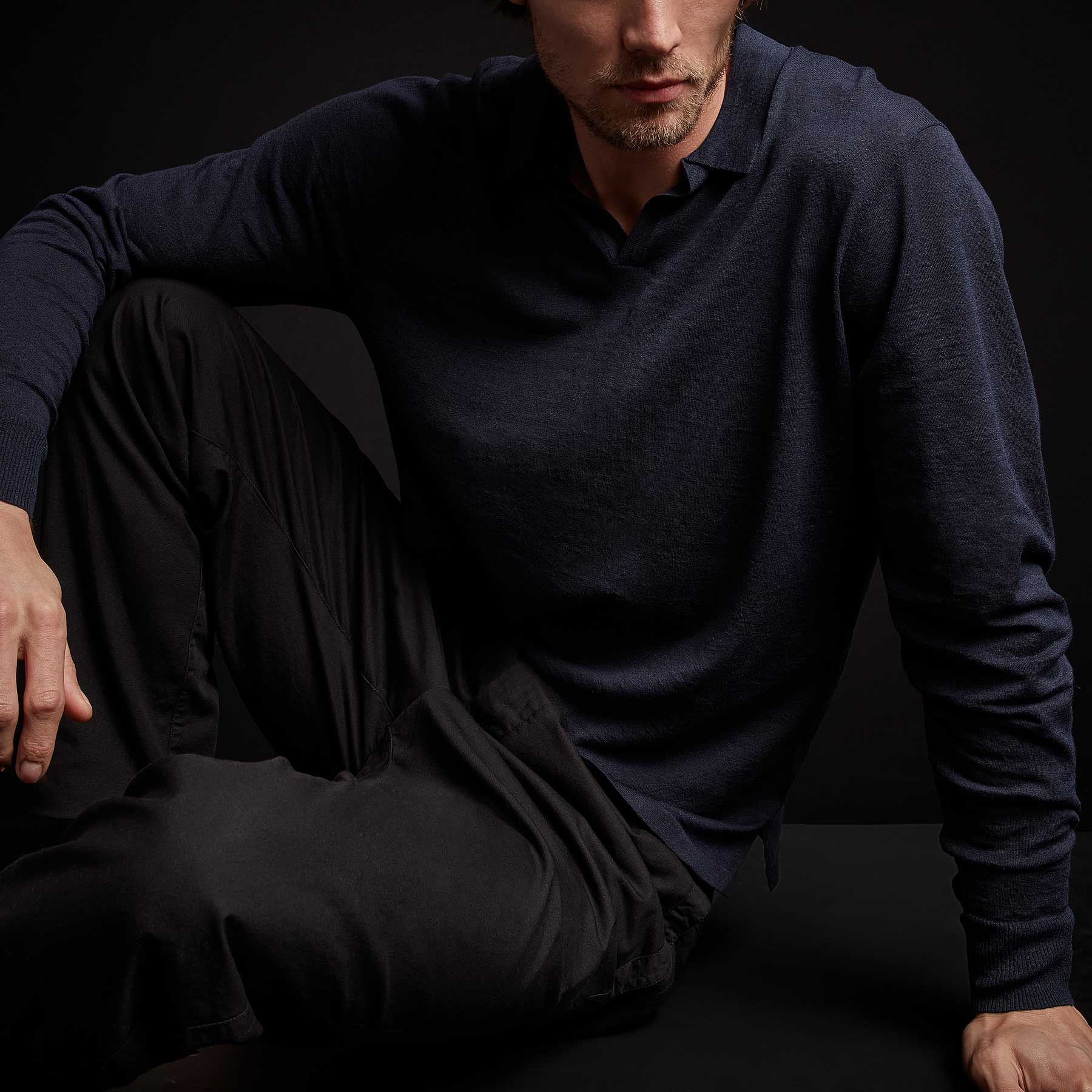 Premium Linen Blend Long Sleeve Polo Sweater for Men - Soft & Breathable Navy Blue Pullover - Perfect for Casual Wear, Office & Outdoor Activities