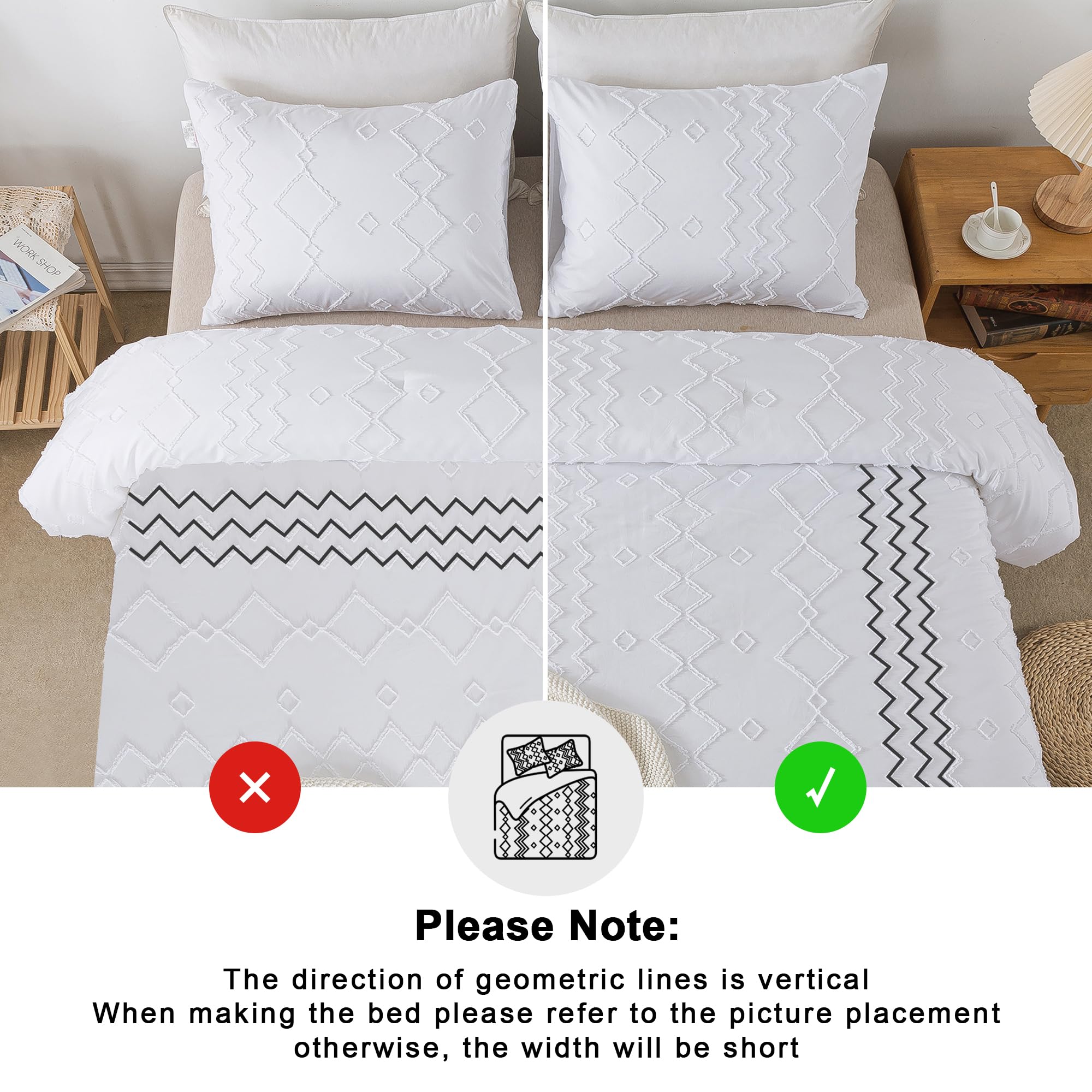 Luxury Andency White Tufted Comforter Set King Size (104x90 Inches) - 3 Piece Boho Farmhouse Bedding with Geometric Design | Soft Microfiber Down Alternative Duvet Cover & Pillowcases | Perfect for Master Bedroom, Guest Room & Cozy Farmhouse Decor
