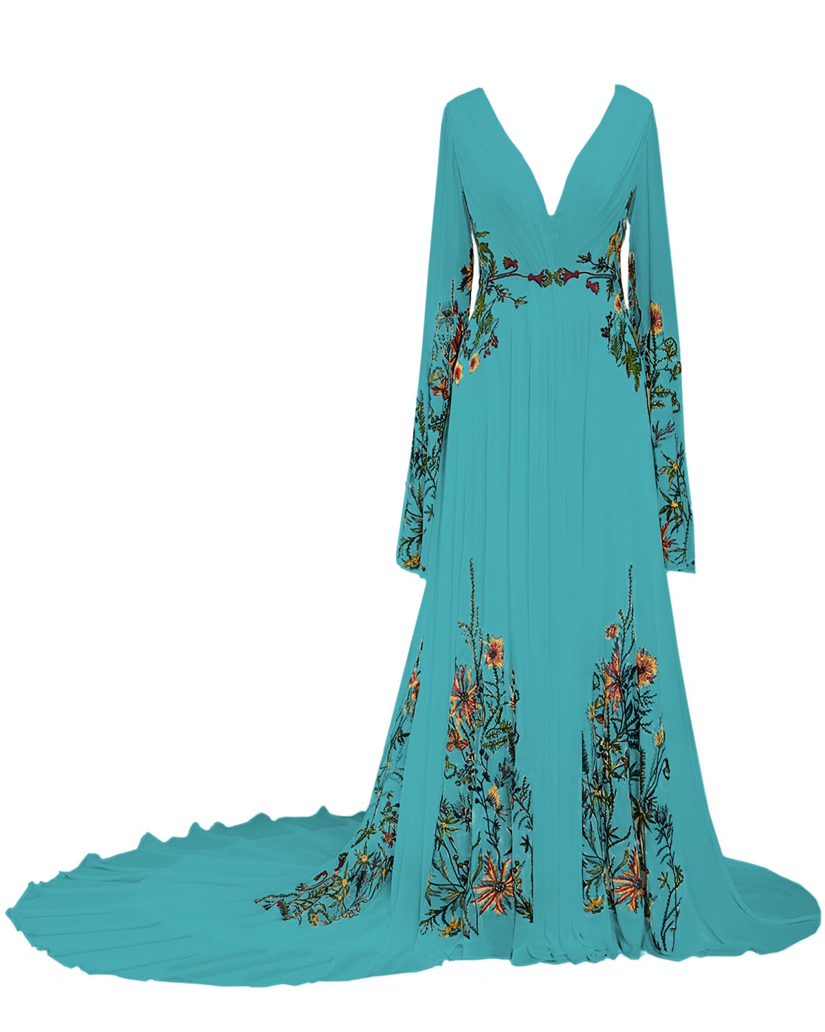 Boho Floral Embroidered Wedding Dress for Women - V Neck Long Sleeve Bridal Gown | Perfect for Beach, Garden & Vintage Theme Weddings