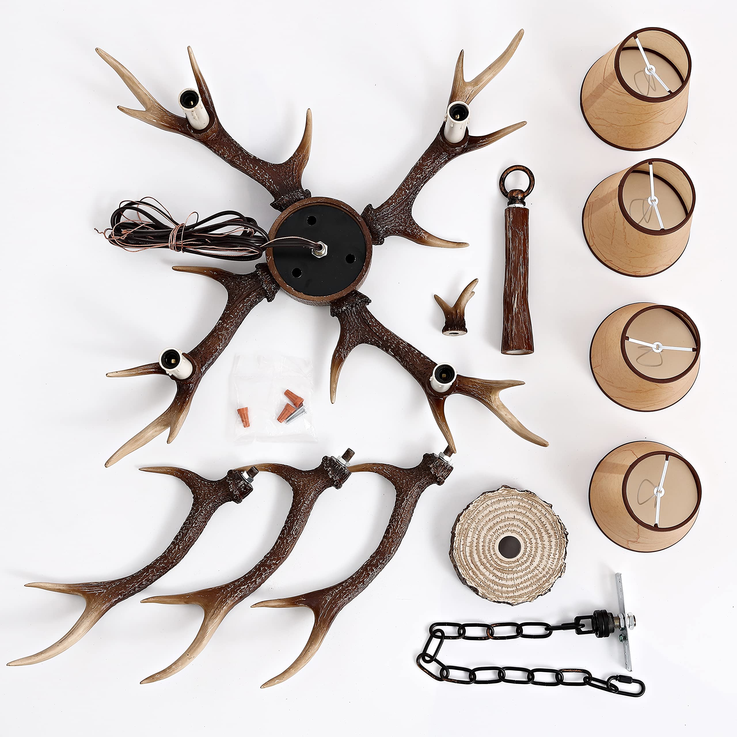4-Light Antler Chandelier - Rustic Deer Horn Lighting Fixture with Shades for Kitchen, Dining Room, Living Room, Bedroom, Bar & Cabin Decor | Perfect for Lodge, Hunting Cabin & Western Style Homes (Brown)
