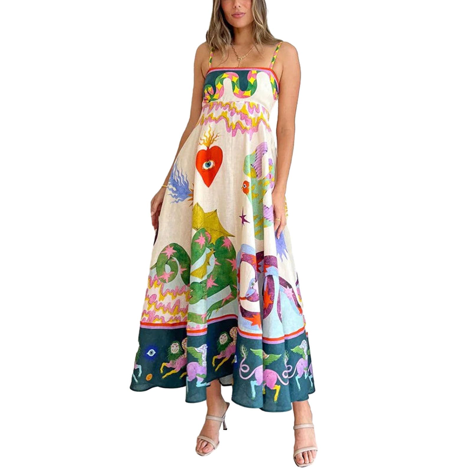 Yuemengxuan Women's Boho Floral Print Spaghetti Strap Maxi Dress - Sleeveless A-Line Summer Long Dress for Party, Cocktail & Streetwear | Perfect for Beach Vacations, Date Nights & Music Festivals