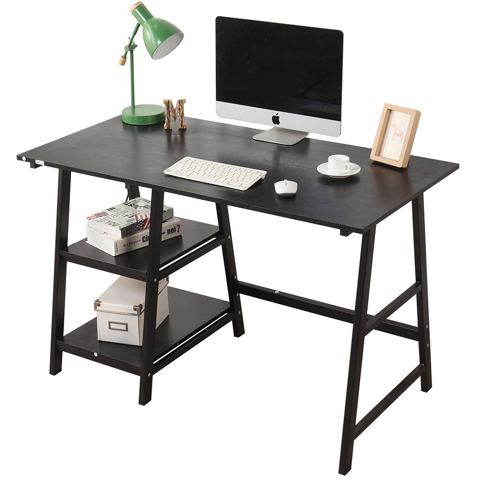 SogesGame 47-inch Black Computer Desk with 2 Storage Shelves - Sturdy Trestle Design Home Office Desk for Laptop, PC, Study & Writing | Easy Assembly Workstation for Small Spaces & Remote Work