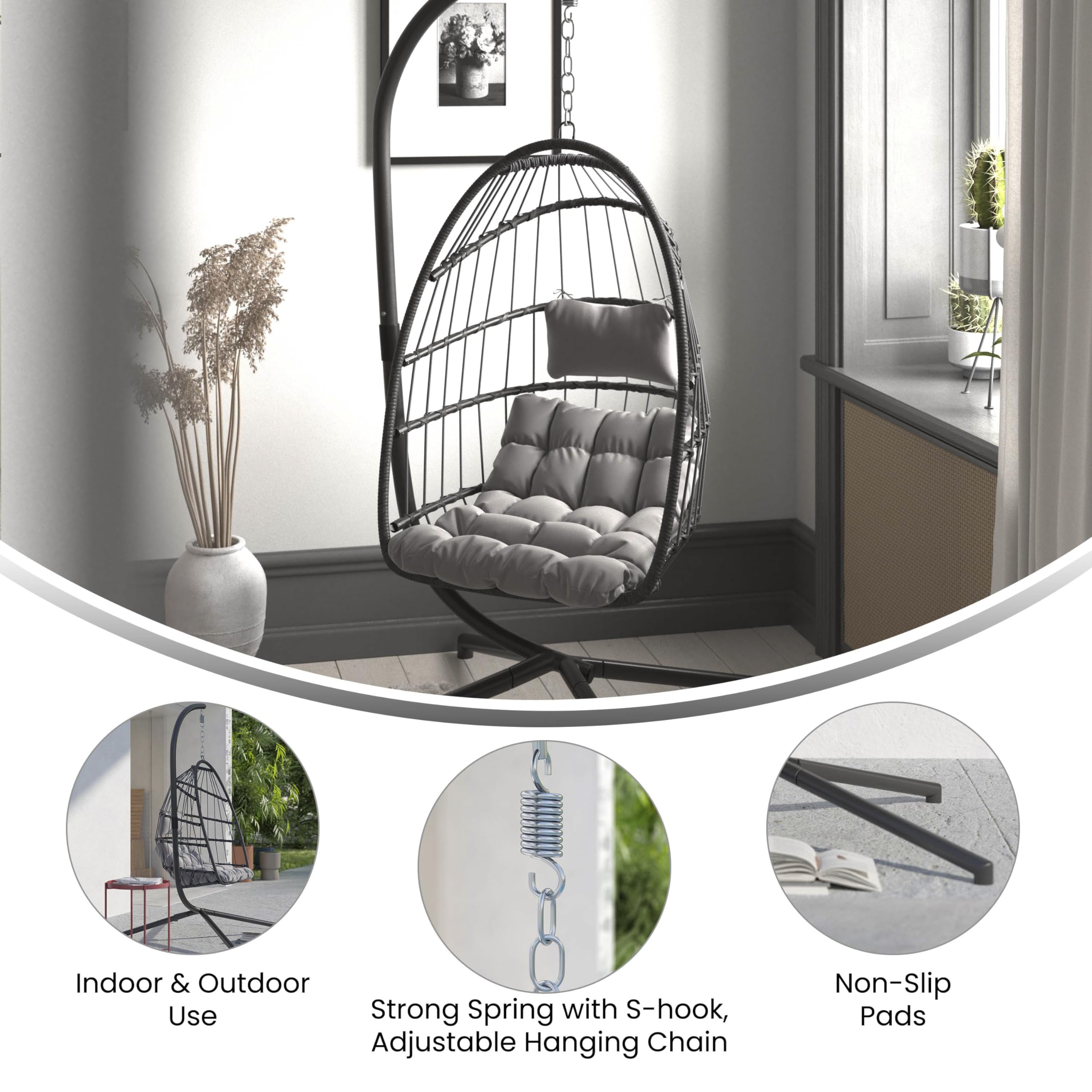 Flash Furniture Cleo Indoor/Outdoor Hanging Egg Chair with Gray Frame & Cushions - Black Powder-Coated C-Stand - Perfect for Patio, Garden, Poolside & Balcony Relaxation