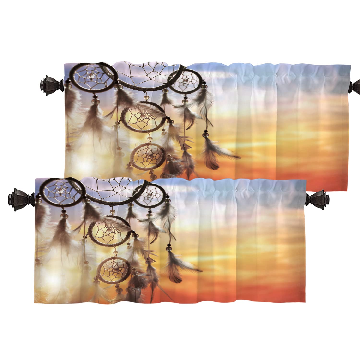 Batmerry Dreamcatcher Sunset Space Kitchen Valances - Set of 2 Half Window Curtains with Native American Indian Feather Design for Light Filtering | Perfect for Boho Kitchen Decor, Living Room Windows & Bedroom Dressing