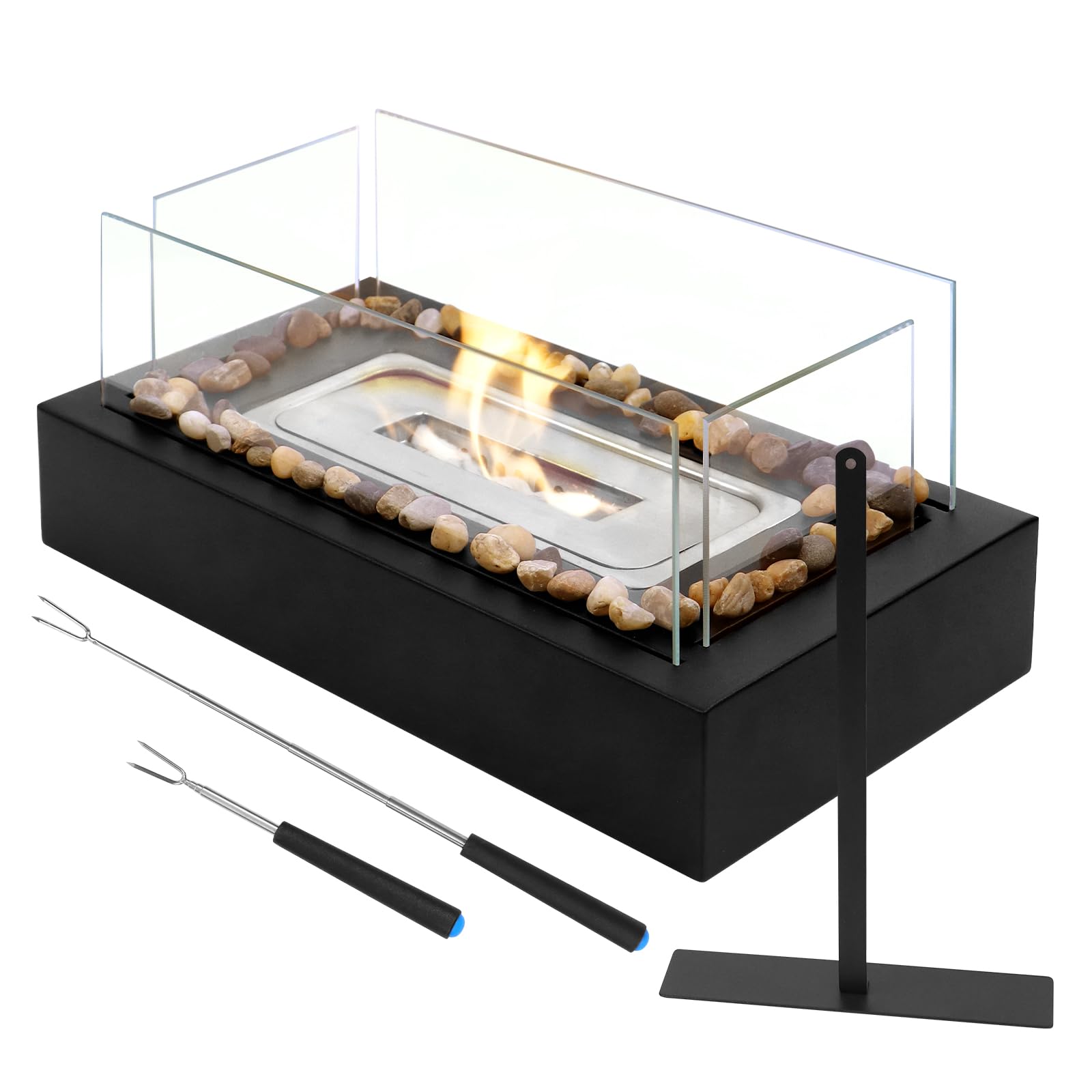 Portable Stainless Steel Tabletop Fire Pit - Safe Outdoor/Indoor Cobblestone Fireplace for Backyard, Patio & Camping - Perfect for Dinner Parties, S'mores Making & Ambiance (Black)