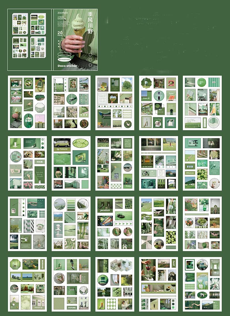 Small Cute Green Junk Journal Supplies Handbook Stickers - 20 Sheets Self-Adhesive Washi Paper + PVC Letter Stickers, Nature Planner Stickers for Art Journaling, Collage Craft, Notebooks, Album Making, Scrapbooking & DIY Gift Wrapping (Green Monsoon)