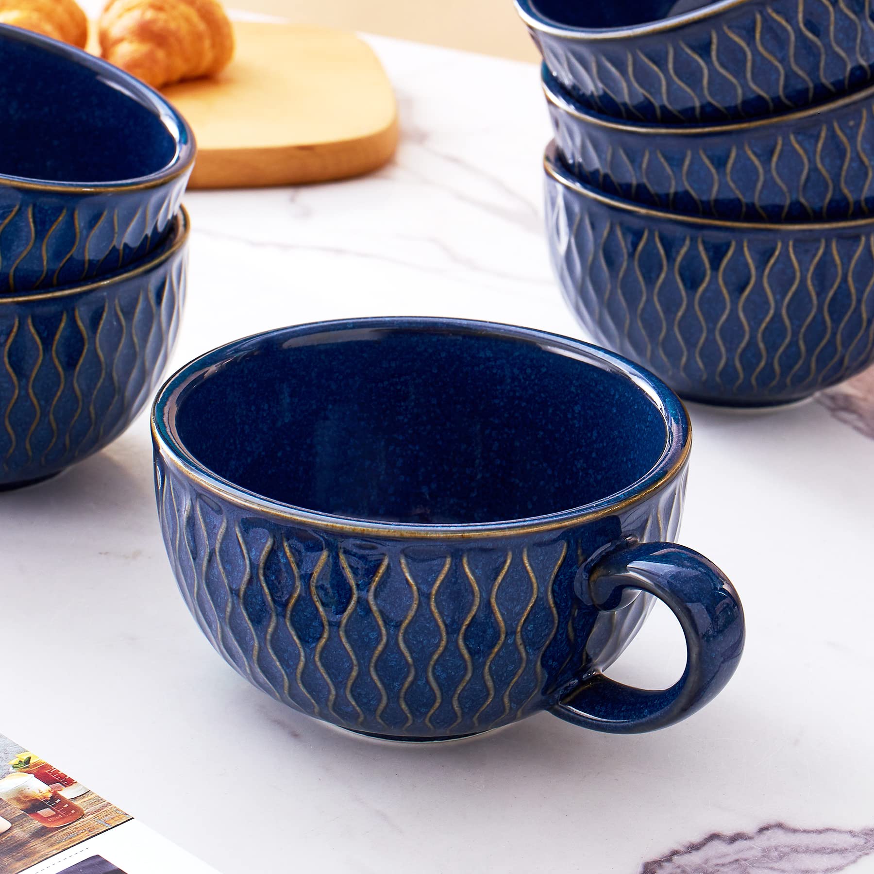 6-Pack Vintage Embossed Blue Ceramic Coffee Cups - 12 oz Professional Barista Latte Art Cappuccino Mugs Set for Home, Cafe & Restaurant Use
