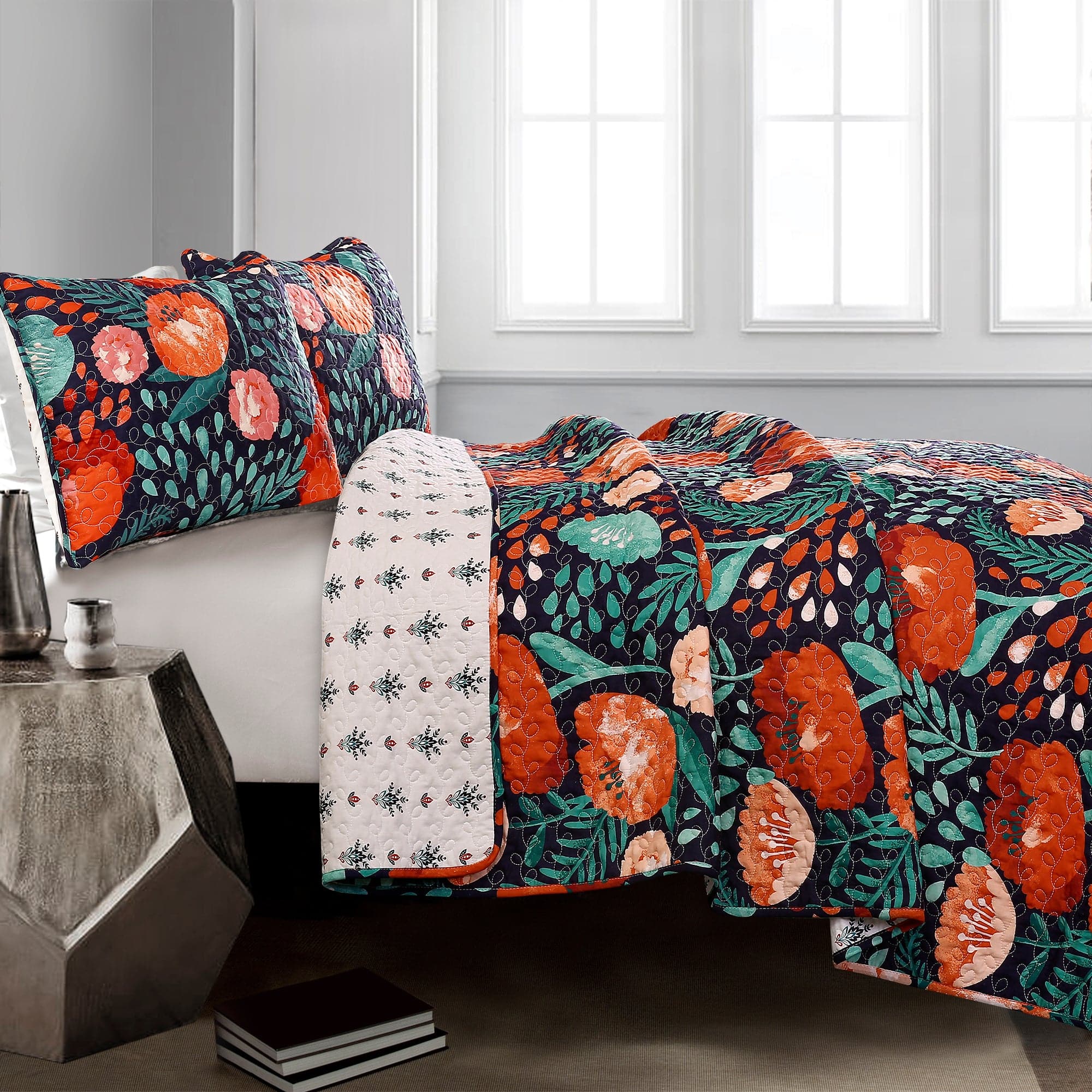 Poppy Garden Quilt 3-Piece Bedding Set - Floral Duvet Cover, Pillow Shams & Bed Skirt - Perfect for Spring & Summer Bedroom Decor