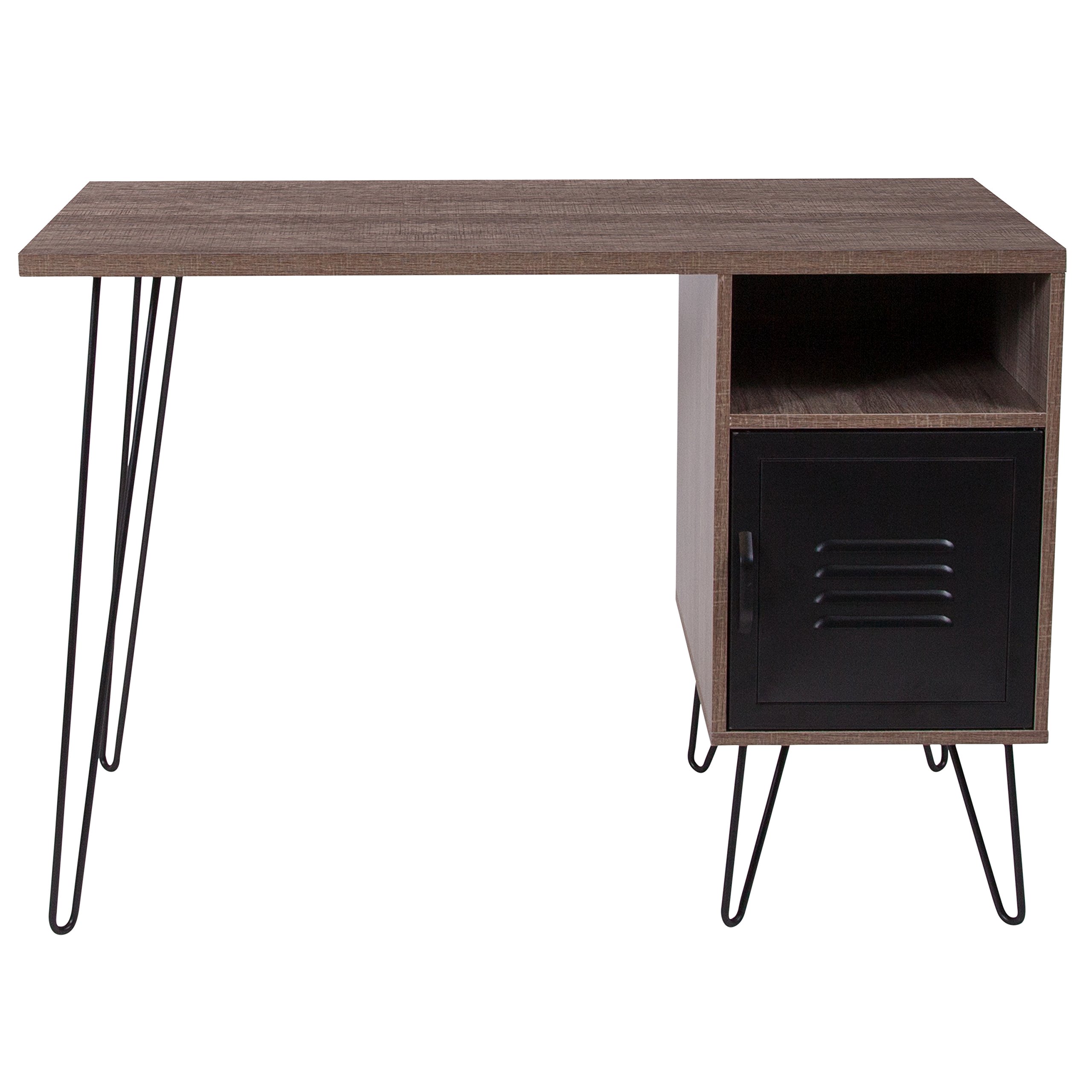 Rustic Wood Grain Computer Desk with Metal Cabinet Door - EMMA & OLIVER Home Office Desk for Study, Workstation, and Gaming Setup