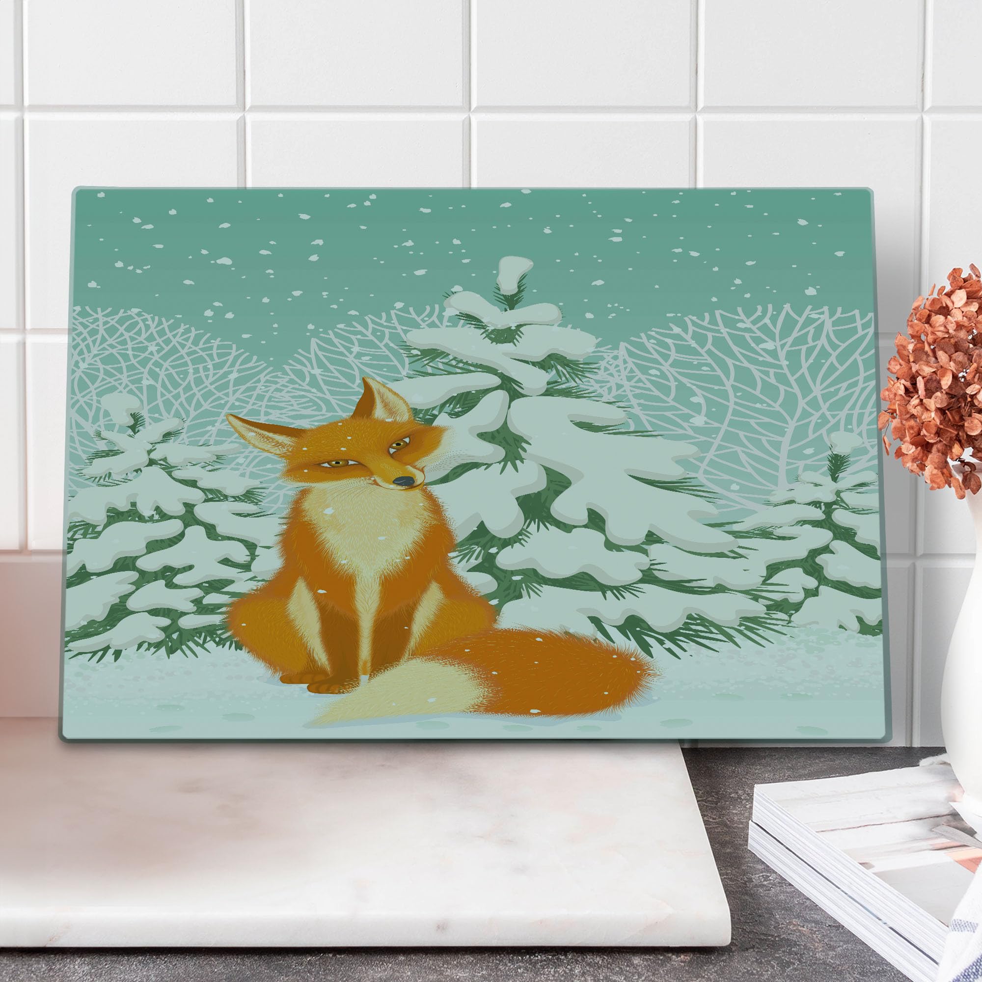 Ambesonne Tempered Glass Cutting Board - Red Fox in Winter Forest with Snow-Covered Pine Trees, Christmas Cartoon Design, Large Decorative Serving Board in Orange, White, Almond Green | Perfect for Holiday Entertaining, Kitchen Decor & Gift Giving