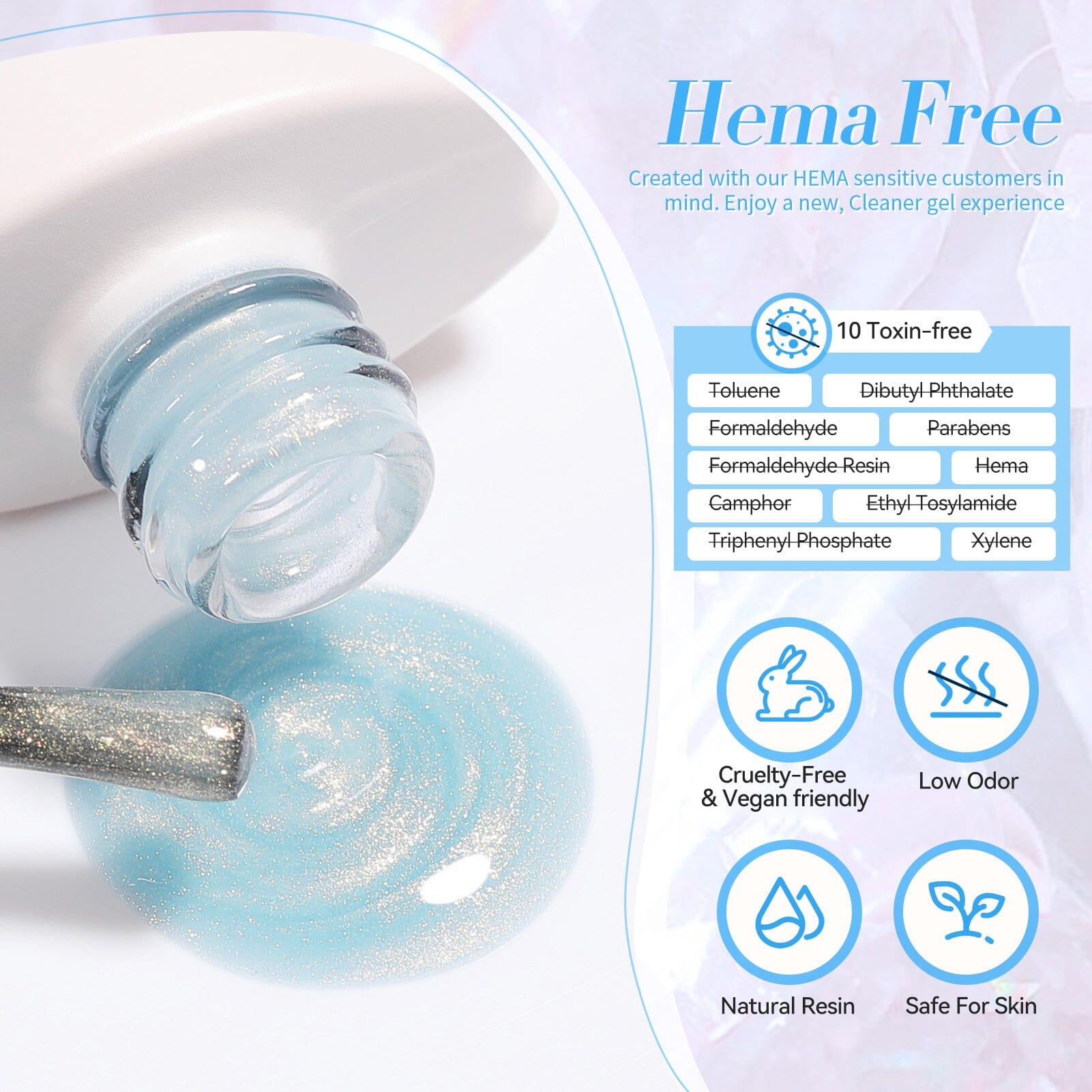 Hema Free Glitter Jelly Gel Polish - Light Blue #02 (15ml) | Long Lasting Nail Polish for Manicure & Pedicure | Perfect for Salon, Home Use & Special Occasions