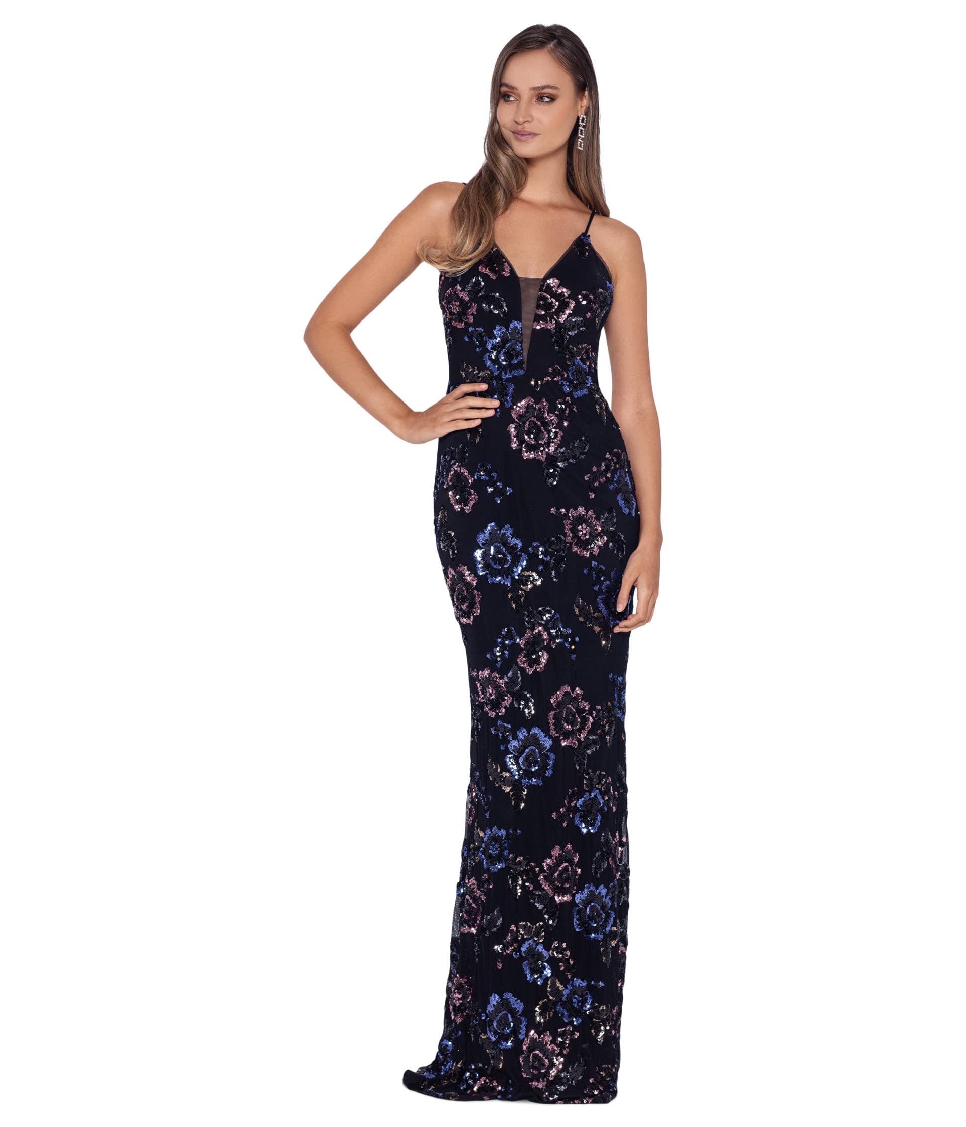 Betsy & Adam Long Cami V-Neck Flower Sequin Gown - Elegant Evening Dress for Prom, Wedding & Formal Events | Plus Size Options Available
