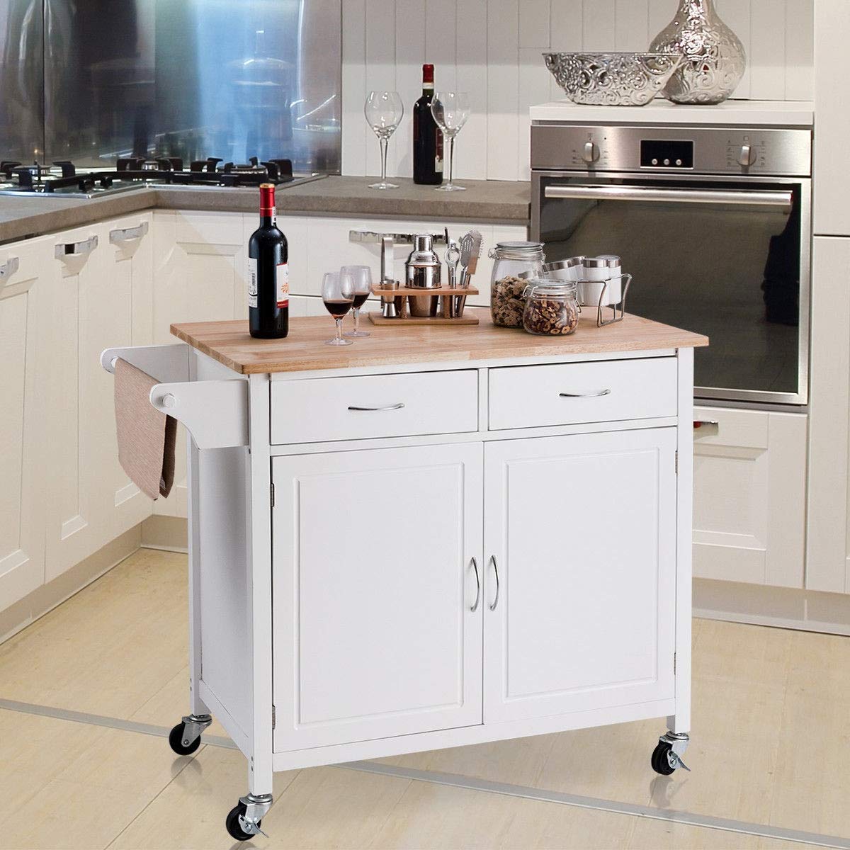 Modern White Kitchen Island Cart with Double Drawers, 2-Tier Shelf & Cabinet Door - Pine Wood Top Rolling Serving Cart for Food Prep, Storage & Towel Organization - Perfect for Small Kitchens, Dining Rooms & Buffet Serving