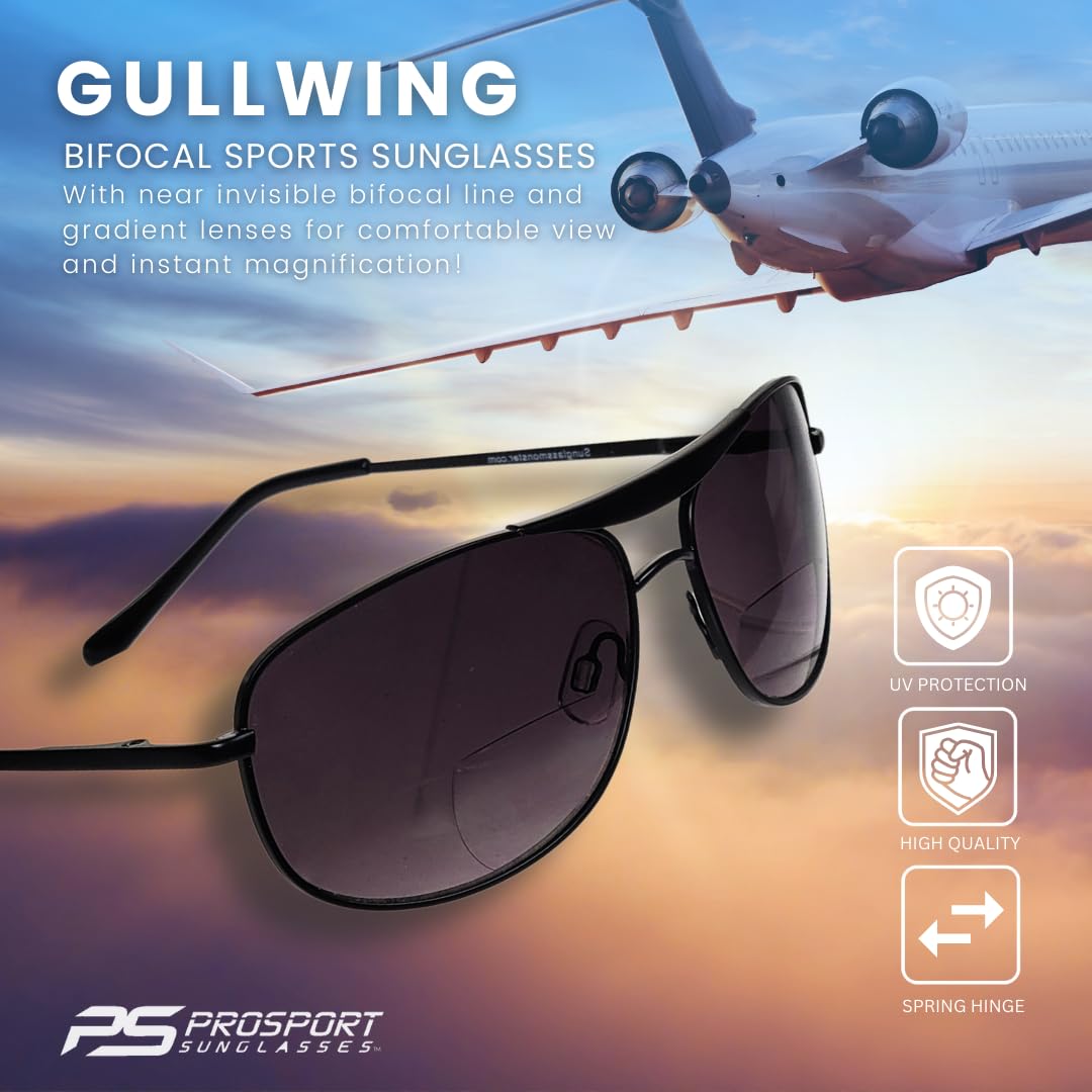 ProSPORT Aviator Bifocal Sunglasses +2.50 - Black Gunmetal Frame with Smoke Lens - Bifocal Reading Glasses for Men & Women - Perfect for Driving, Fishing, and Outdoor Activities