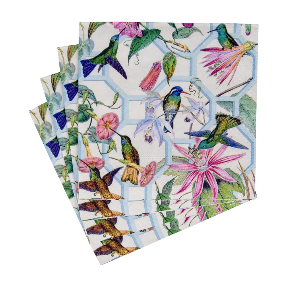 Caspari Hummingbird Trellis Paper Cocktail Napkins - 40 Count, Floral Bird Design, Disposable Party Napkins for Weddings, Bridal Showers & Garden Events