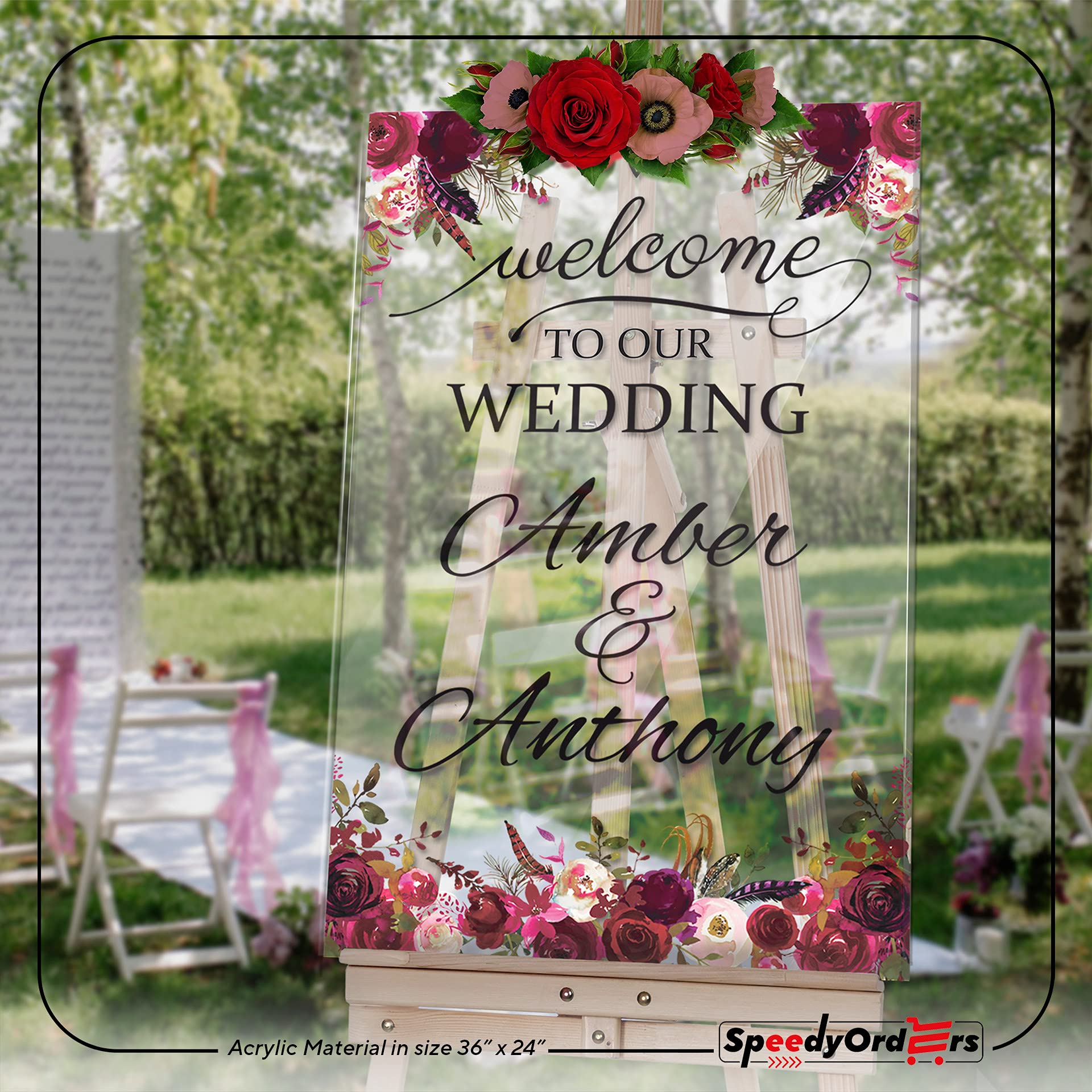 SPEEDYORDERS Roses Themed Wedding Welcome Sign - Elegant PVC Board Reception Poster for Ceremony Decor - Perfect for Wedding Entrance, Guest Table & Photo Backdrop