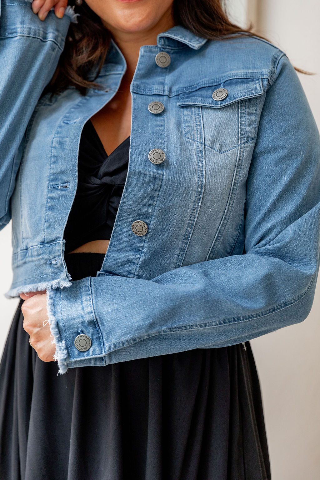 Kenzie Crop Denim Jacket for Women - Stylish Distressed Light Blue Denim Jacket - Perfect for Spring Outfits & Casual Streetwear