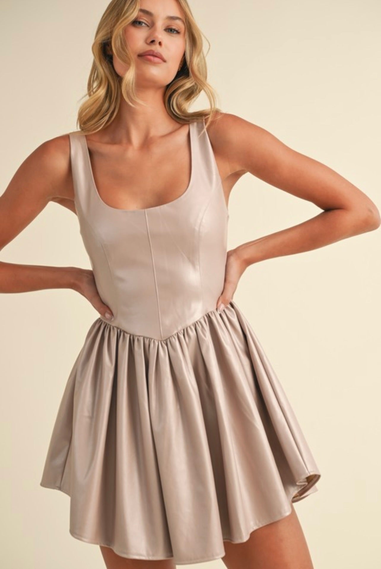 Champagne Bustier Top Gathered Flare Skirt Mini Dress - Sexy Bodycon Party Dress for Club, Date Night & Special Occasions