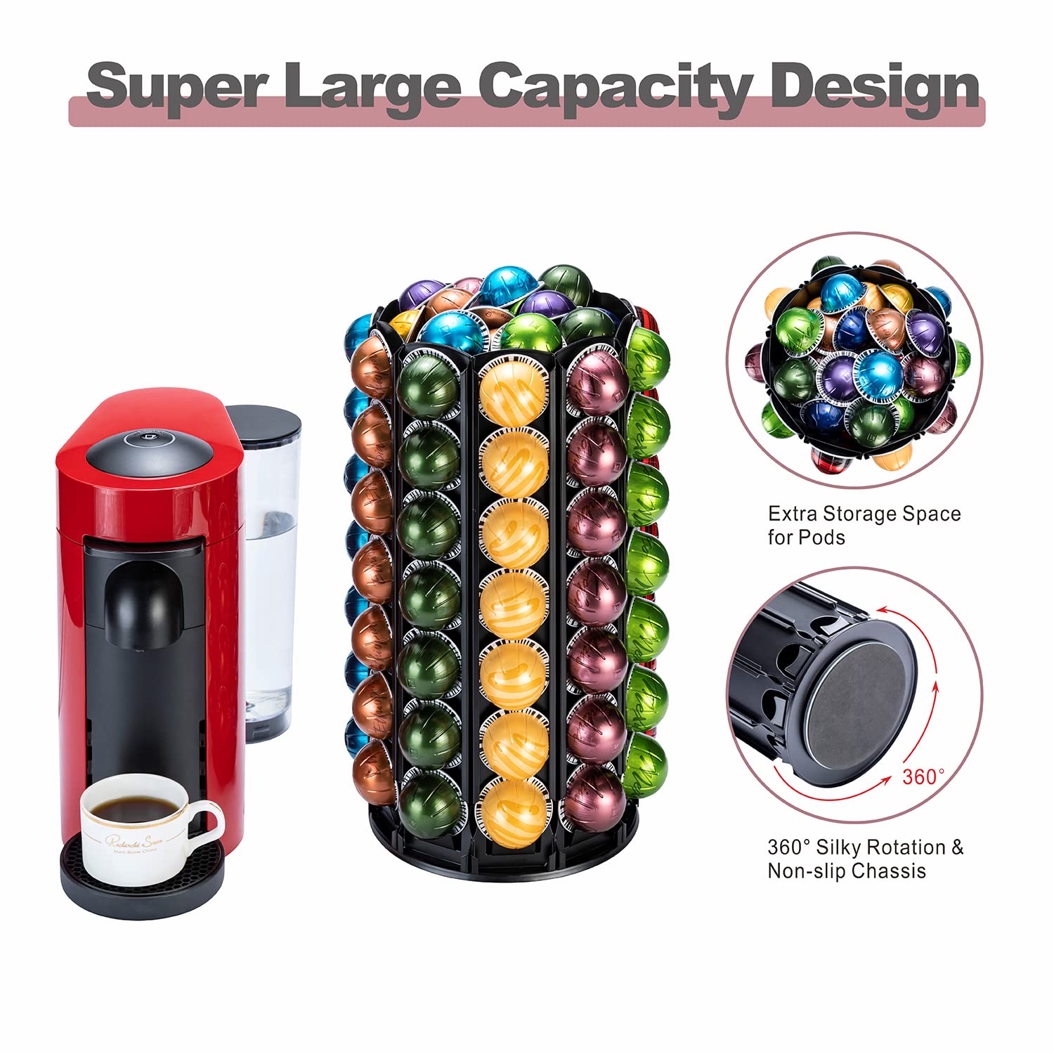 FlagShip 360° Rotating Coffee Pod Holder for Nespresso Vertuo – Silent Rolling Carousel with Extra Storage Space (Holds 100+ Pods) – Perfect for Kitchen Countertops & Office Coffee Stations