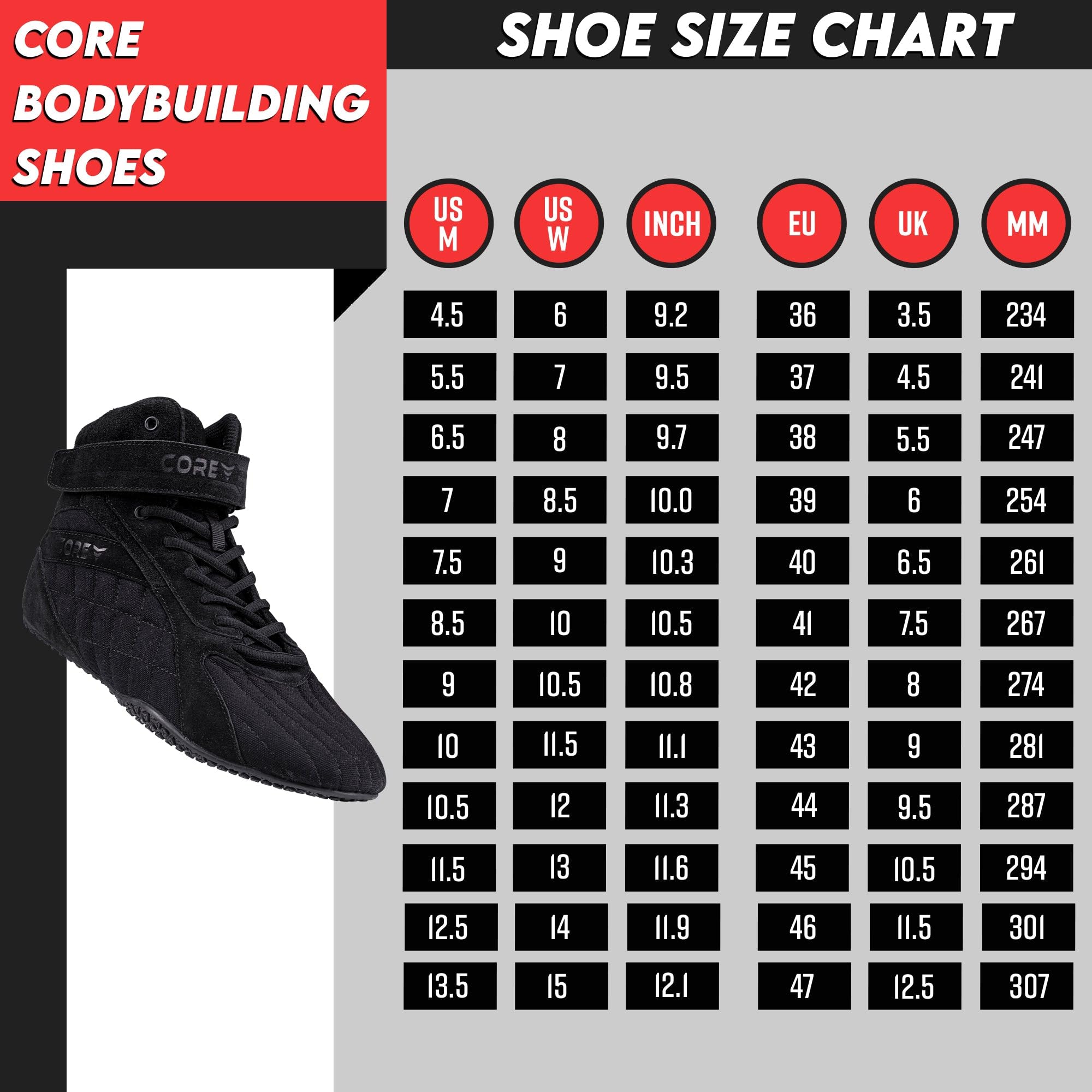 CORE Weightlifting Shoes for Men & Women - Non-Slip Flat Sole Powerlifting Shoes for Squat, Deadlift & Gym Training - Arch Support Bodybuilding Shoes (Ideal for CrossFit, Olympic Lifting & Strength Training)