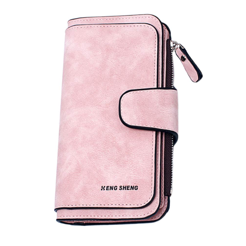 Trendy PU Leather Long Zipper Wallet for Women - Snap Closure, 3-Fold Card Pouch with Multiple Slots (Pink) | Perfect for Everyday Use, Travel & Gift Giving