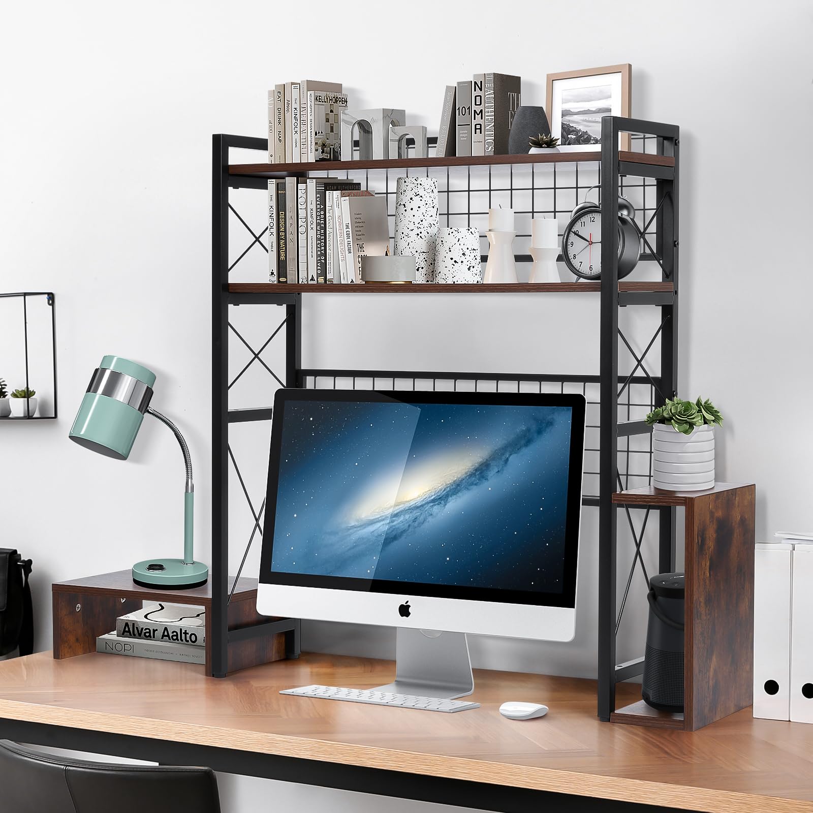 3-Tier Adjustable Wooden Desktop Bookcase Organizer - Multipurpose Desk Hutch & Bookshelf for Office Supplies, Home, Dormitory - Brown | Perfect for Workspace, Study Room & Small Space Storage