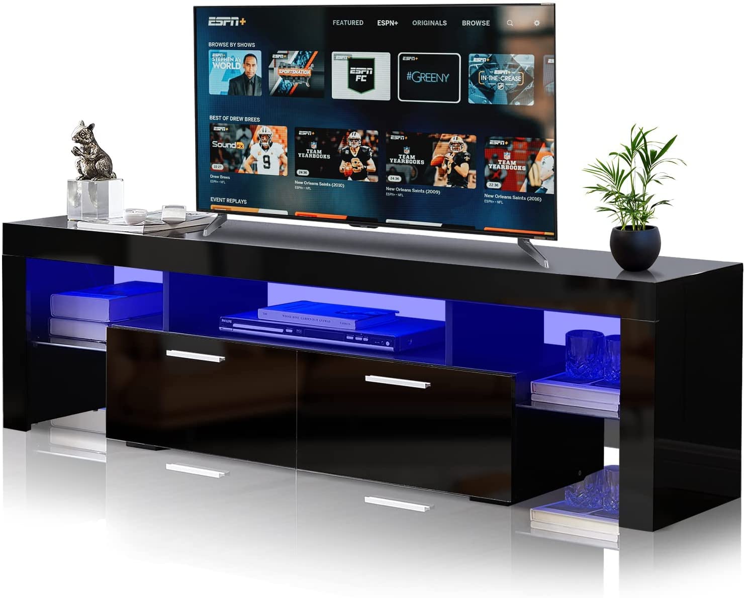 Modern Black High Gloss TV Stand with LED Lights - Entertainment Center for 70 Inch TVs, Gaming Console Table with 2 Flip-Down Drawers & Open Shelves - Perfect for Living Room, Home Theater & Gaming Setup