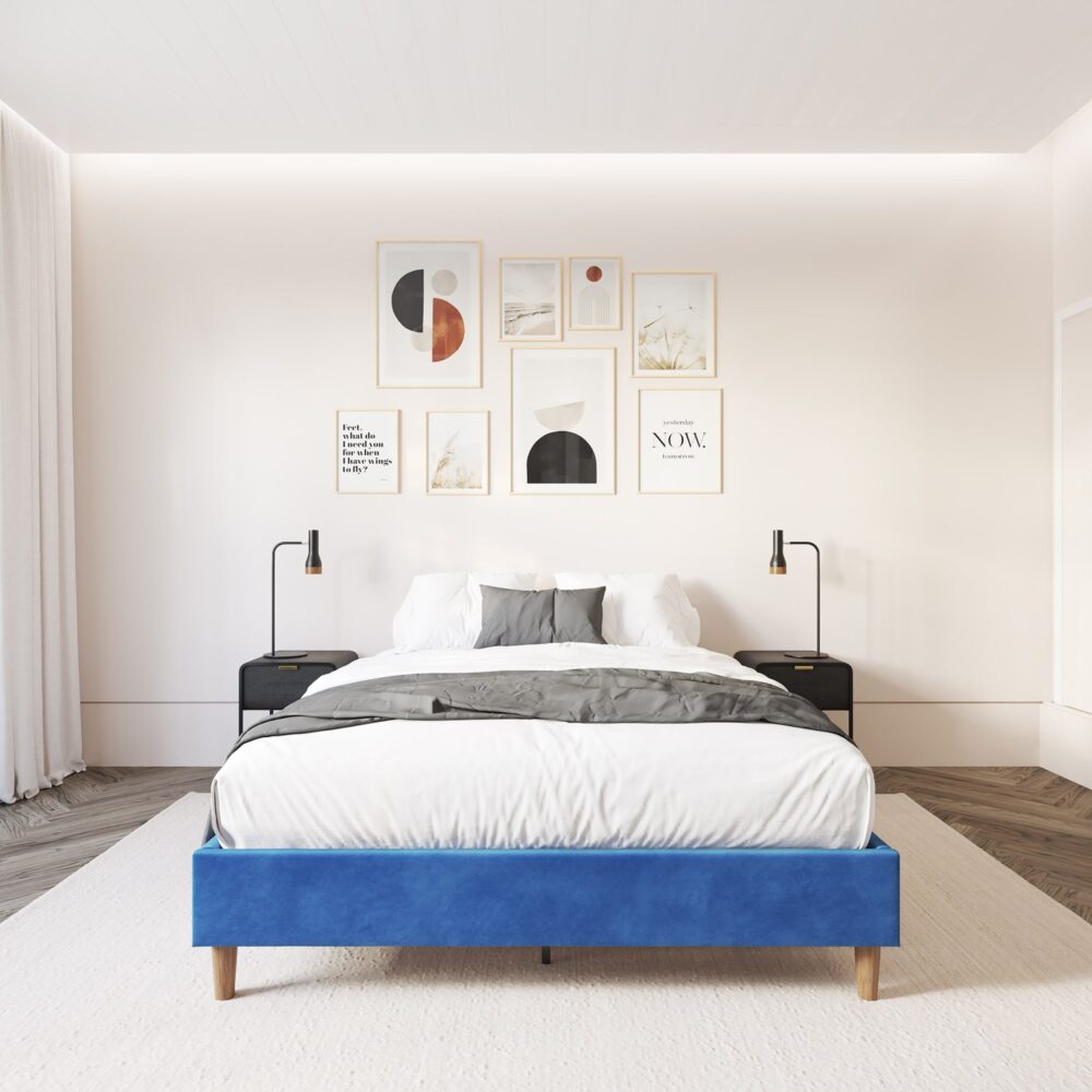 Alexandra Velvet Blue Single Bed Base - Modern Platform Bed Frame for Small Spaces, Kids & Guest Rooms | Durable & Stylish Bed Base for Home & Apartments