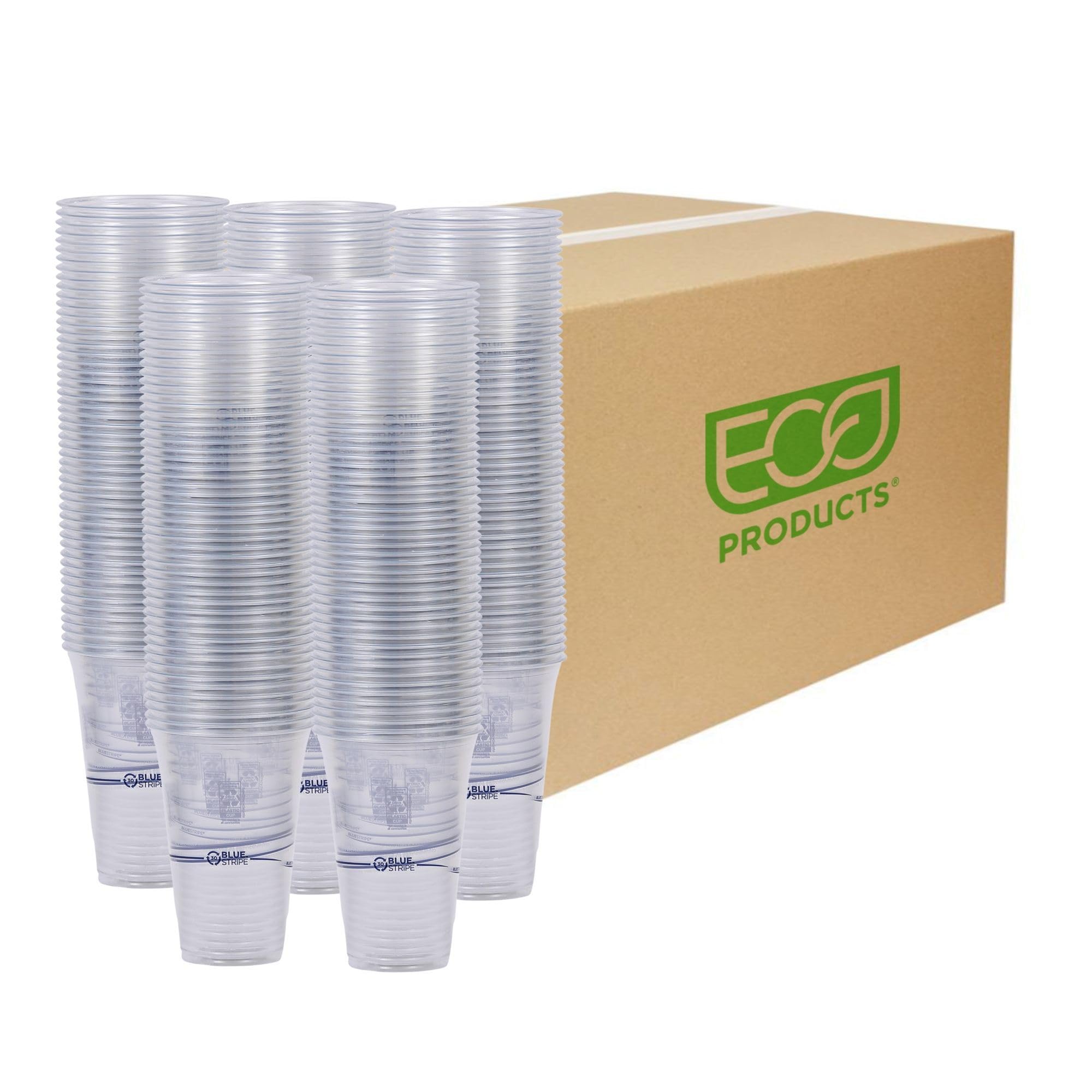 ECO PRODUCTS BlueStripe Recycled 24oz Plastic Cups - Case of 600, 30% Post-Consumer Recycled PET (rPET) - Clear Cold Drink & Snack Cups for Parties, Picnics, BBQs, and Office Events