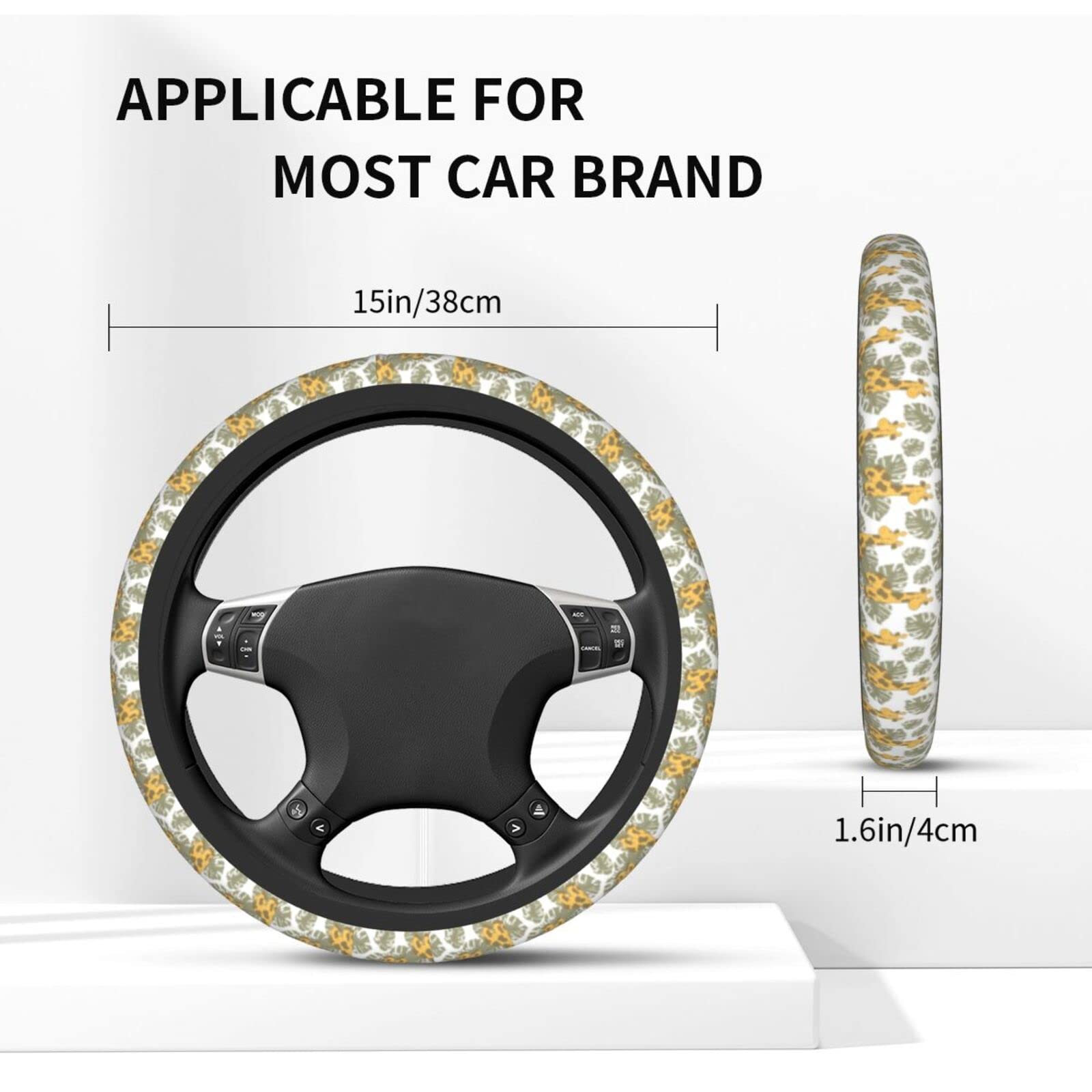 **Universal 15 Inch Baby Giraffes & Tropical Leaves Steering Wheel Cover - Cute Giraffe Print Neoprene Car Wheel Protector for Cars, SUVs & Trucks - Perfect for Sun Protection & Stylish Driving**
