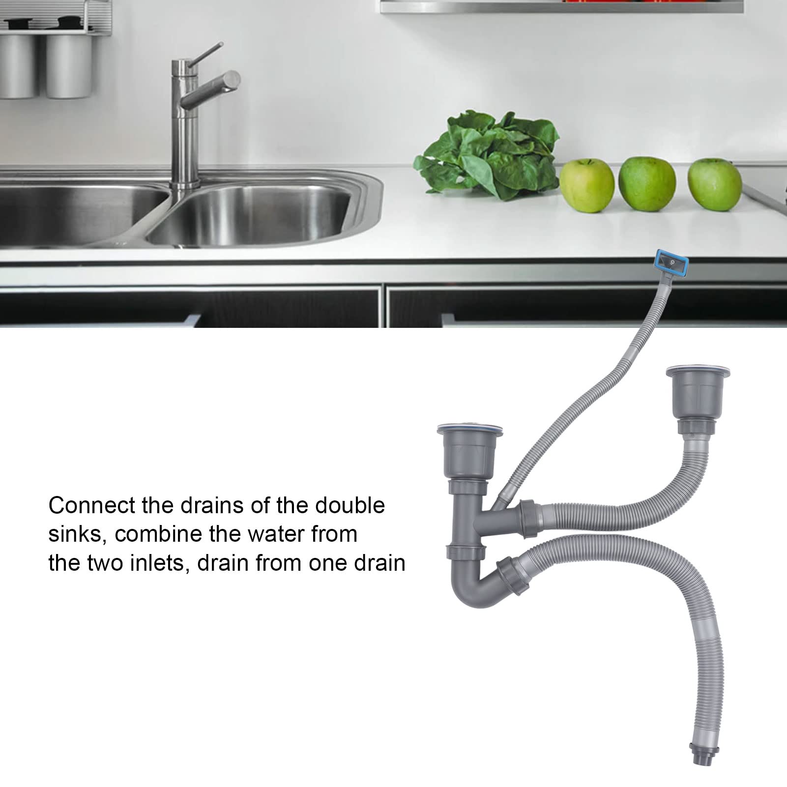 Kitchen Sink Double Hose Drain with Multiple Deodorizers, Fast Drainage Expandable Design, PP PVC Stainless Steel Materials for Kitchen Sinks - Ideal for Home and Commercial Use