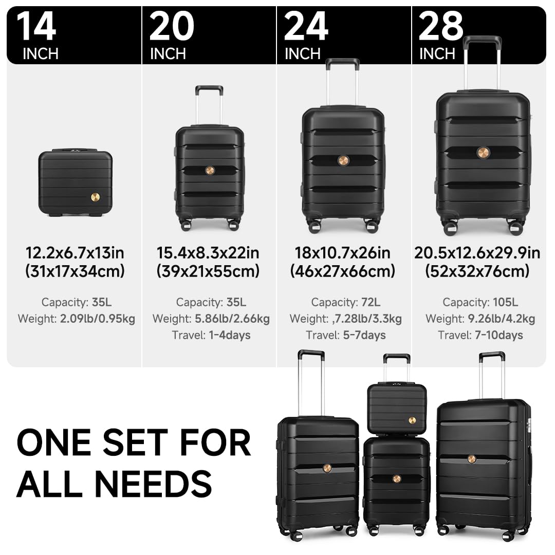 Somago Lightweight Hardside Luggage Set with Packing Cubes - Polypropylene Suitcase with Double Spinner Wheels & TSA Lock (Classic Black) - Perfect for Business Travel, Family Vacations & International Trips