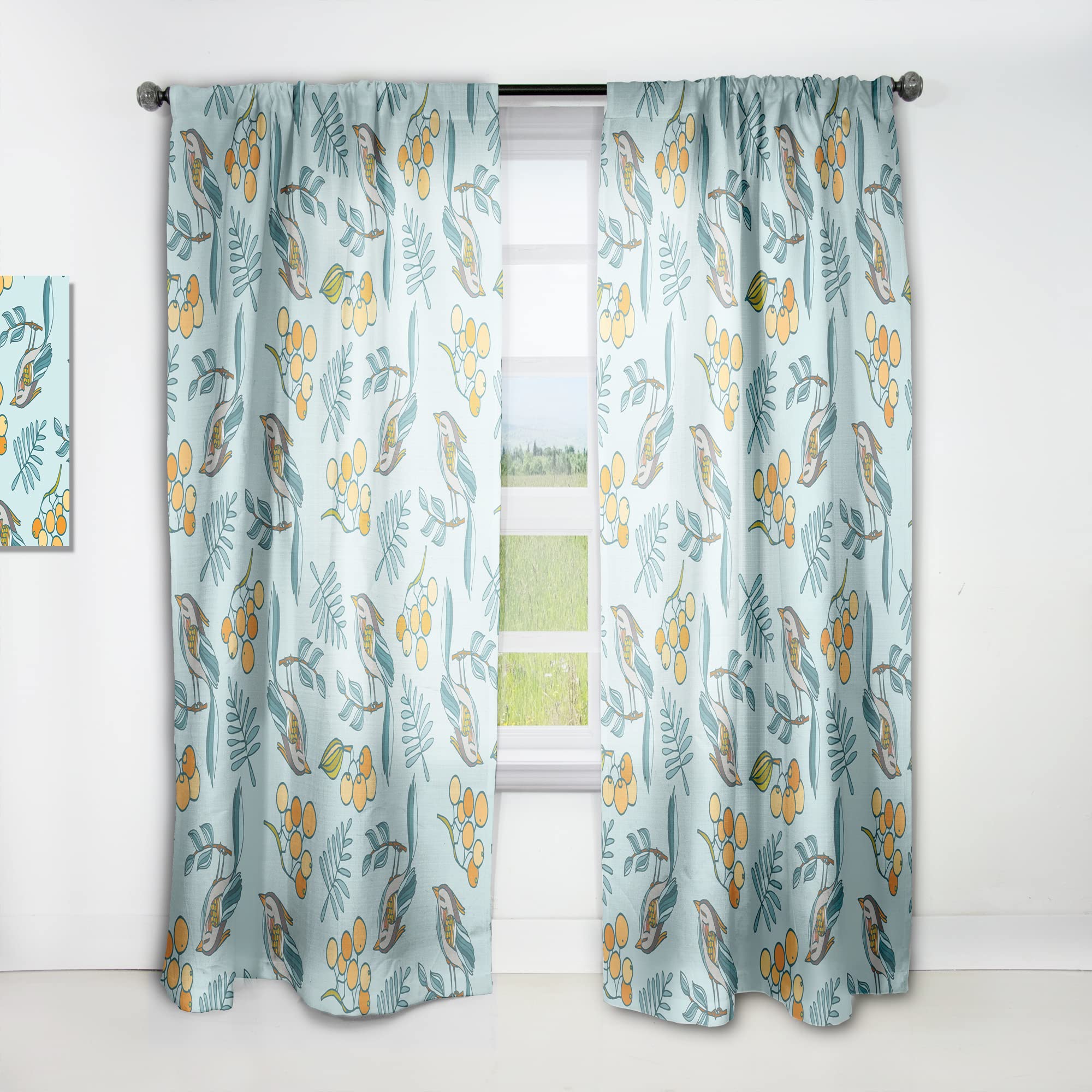 Thermal Insulated Blackout Curtains - 52x90 Inch Single Panel with Bird & Berry Print for Bedroom & Living Room - Noise Reducing & Energy Saving Window Drapes for Home Decor