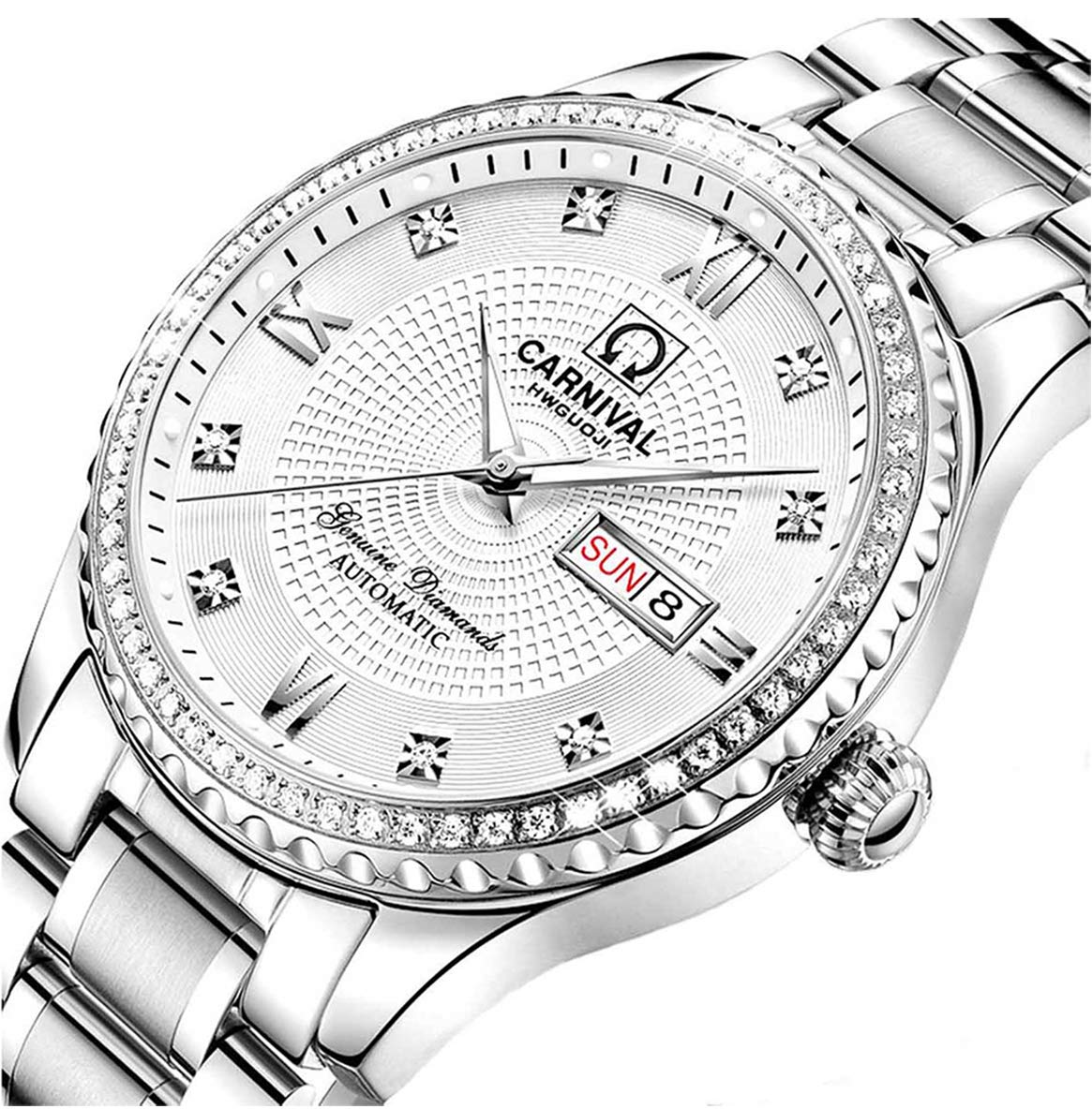 Gosasa Swiss Made Men's Luxury Gold Watch - Automatic Analog Display with Calendar, Week Indicator & Luminous Hands - Gold Stainless Steel Diamond Watch (White) - Perfect for Business, Formal Events & Special Occasions