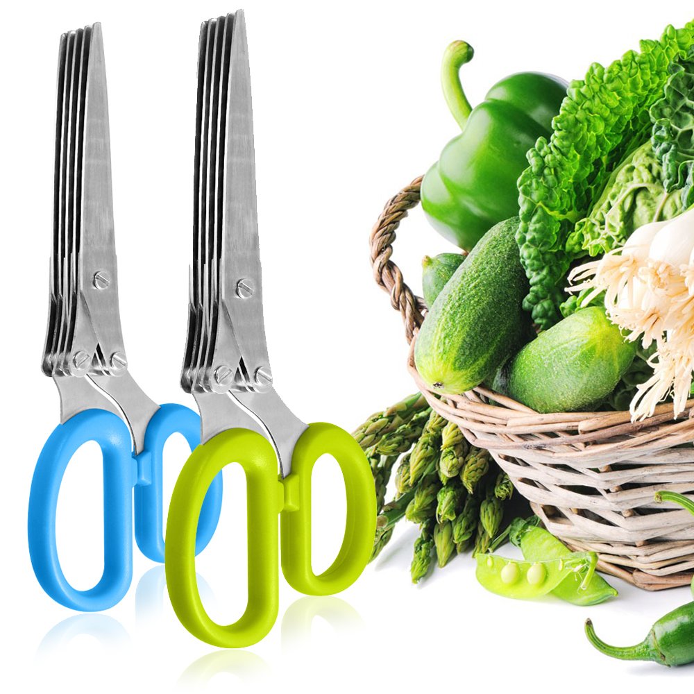 2-Pack Stainless Steel Herb Scissors - 5-Blade Kitchen Shears with Brush | Heavy Duty for Cooking & Gardening