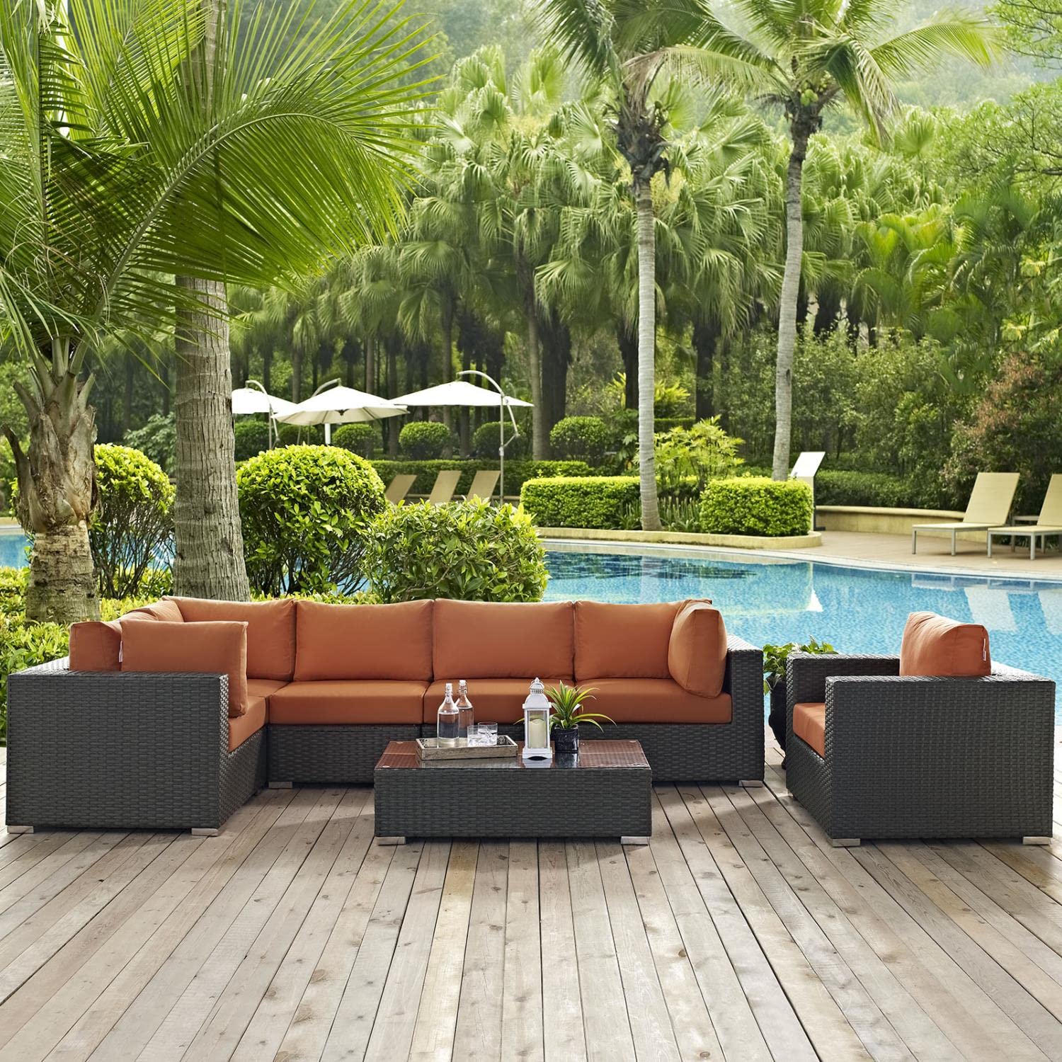 Modway Sojourn 7-Piece Outdoor Patio Sectional Set - Wicker Rattan Furniture with Sunbrella Canvas Cushions in Tuscan Beige - Perfect for Backyard, Garden, and Poolside Relaxation